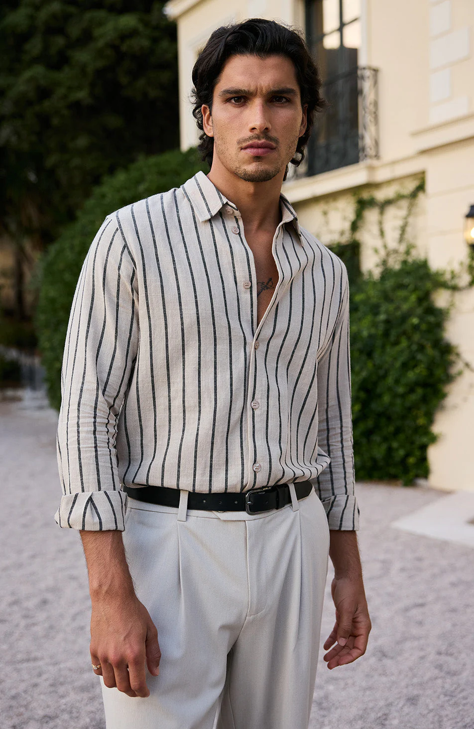 Arienzo Long Sleeve Stripe Shirt in Beige - Image 3