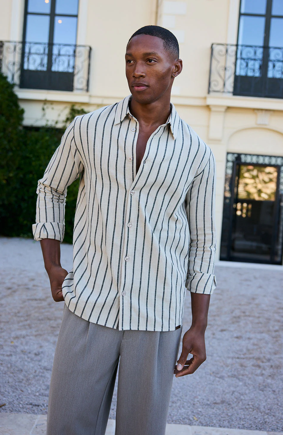 Arienzo Long Sleeve Stripe Shirt in Beige - Image 7
