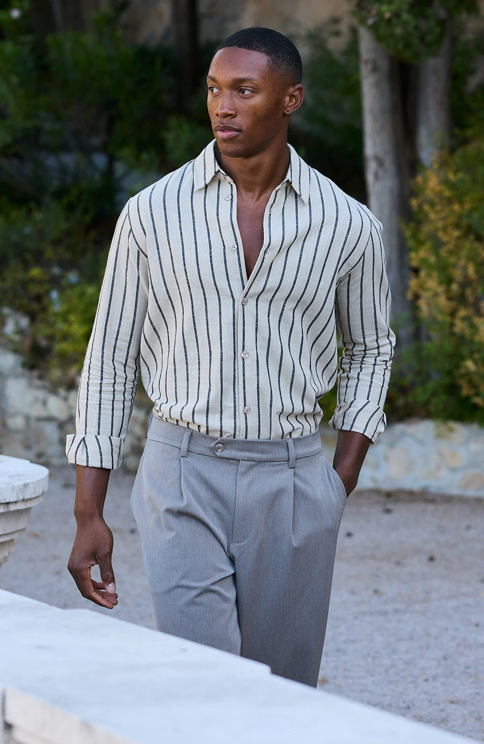 Arienzo Long Sleeve Stripe Shirt in Beige - Image 8