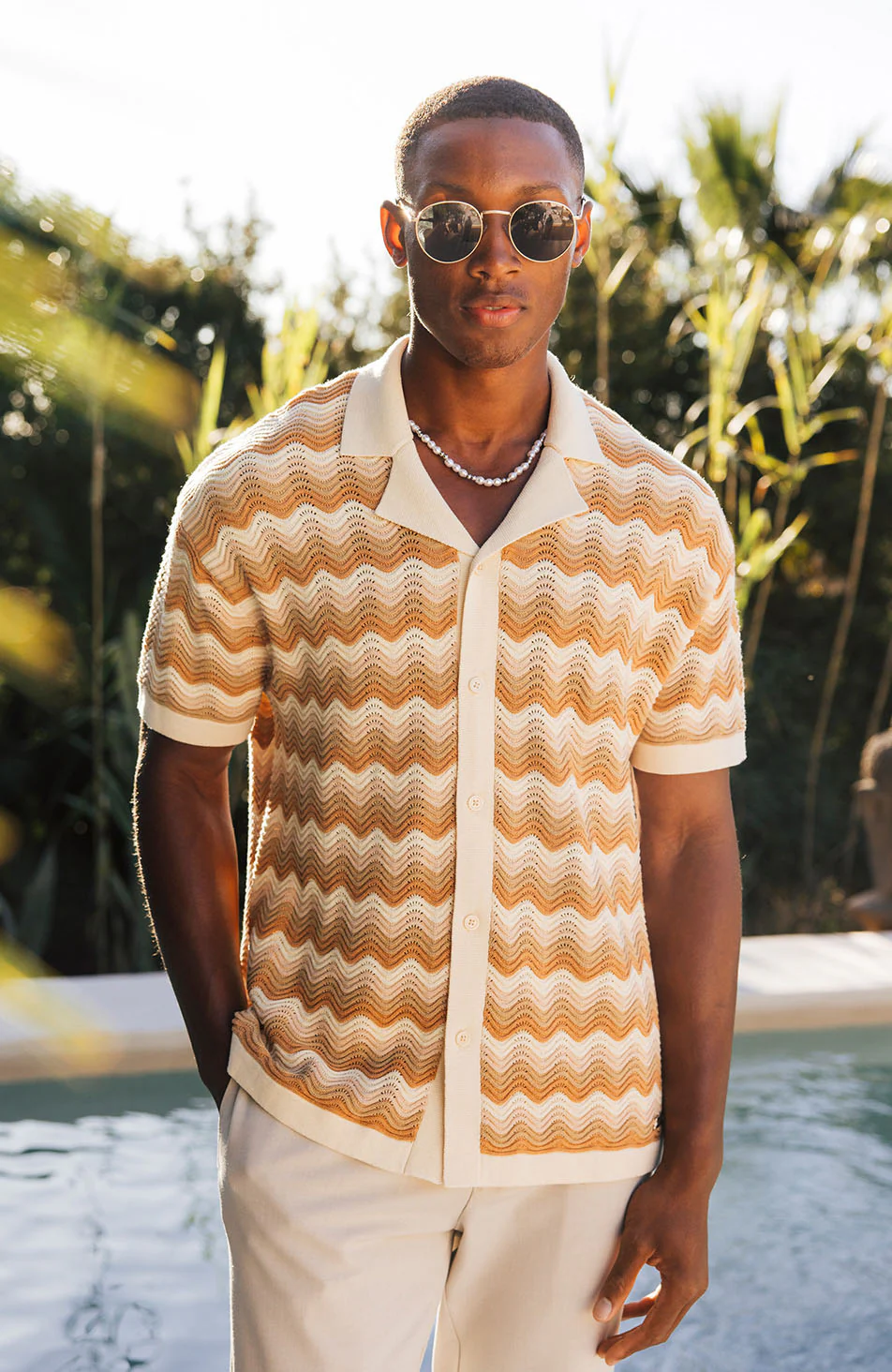 Aruba Textured Relaxed Fit Knitted Shirt in Beige - Image 6