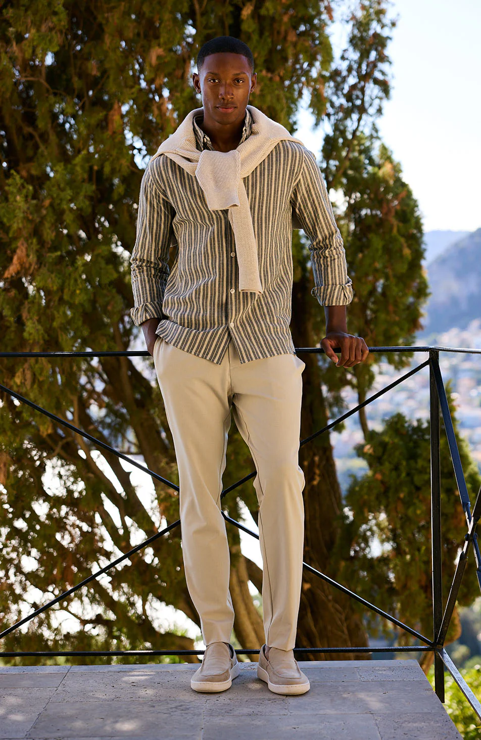 Bocelli Long Sleeve Stripe Shirt in Beige and Charcoal - Image 2