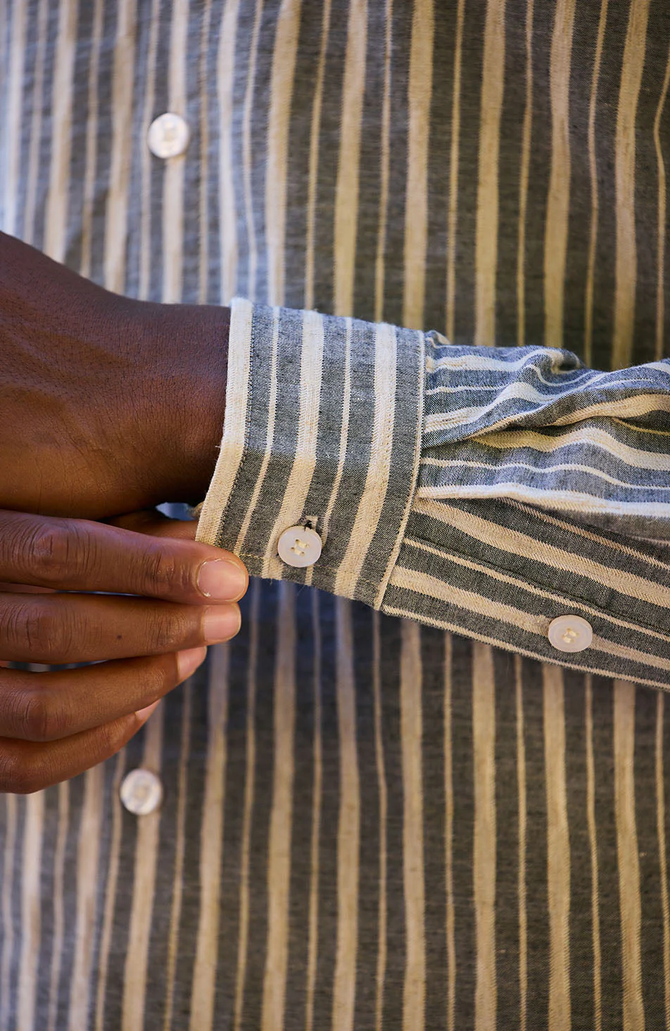 Bocelli Long Sleeve Stripe Shirt in Beige and Charcoal - Image 3