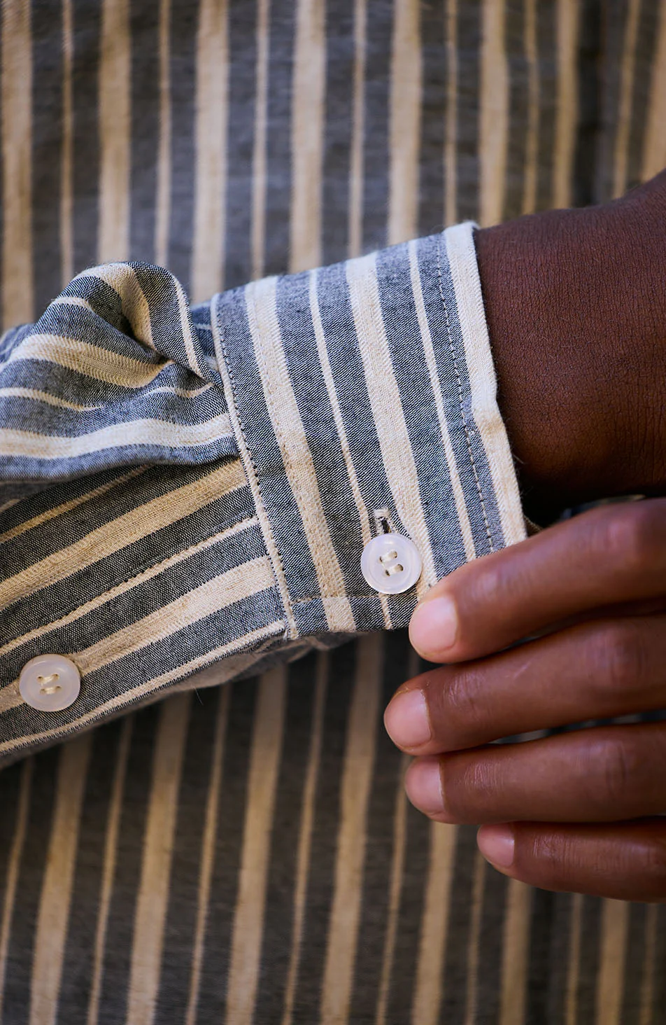 Bocelli Long Sleeve Stripe Shirt in Beige and Charcoal - Image 4