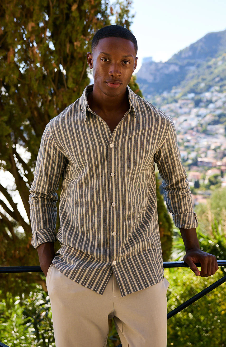 Bocelli Long Sleeve Stripe Shirt in Beige and Charcoal - Image 5