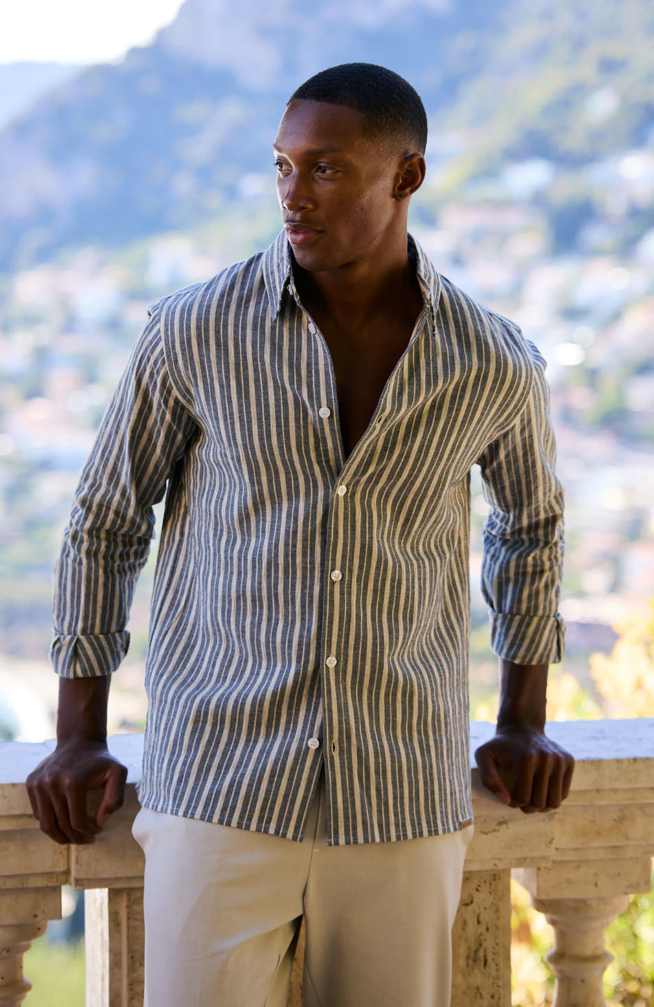 Bocelli Long Sleeve Stripe Shirt in Beige and Charcoal - Image 6