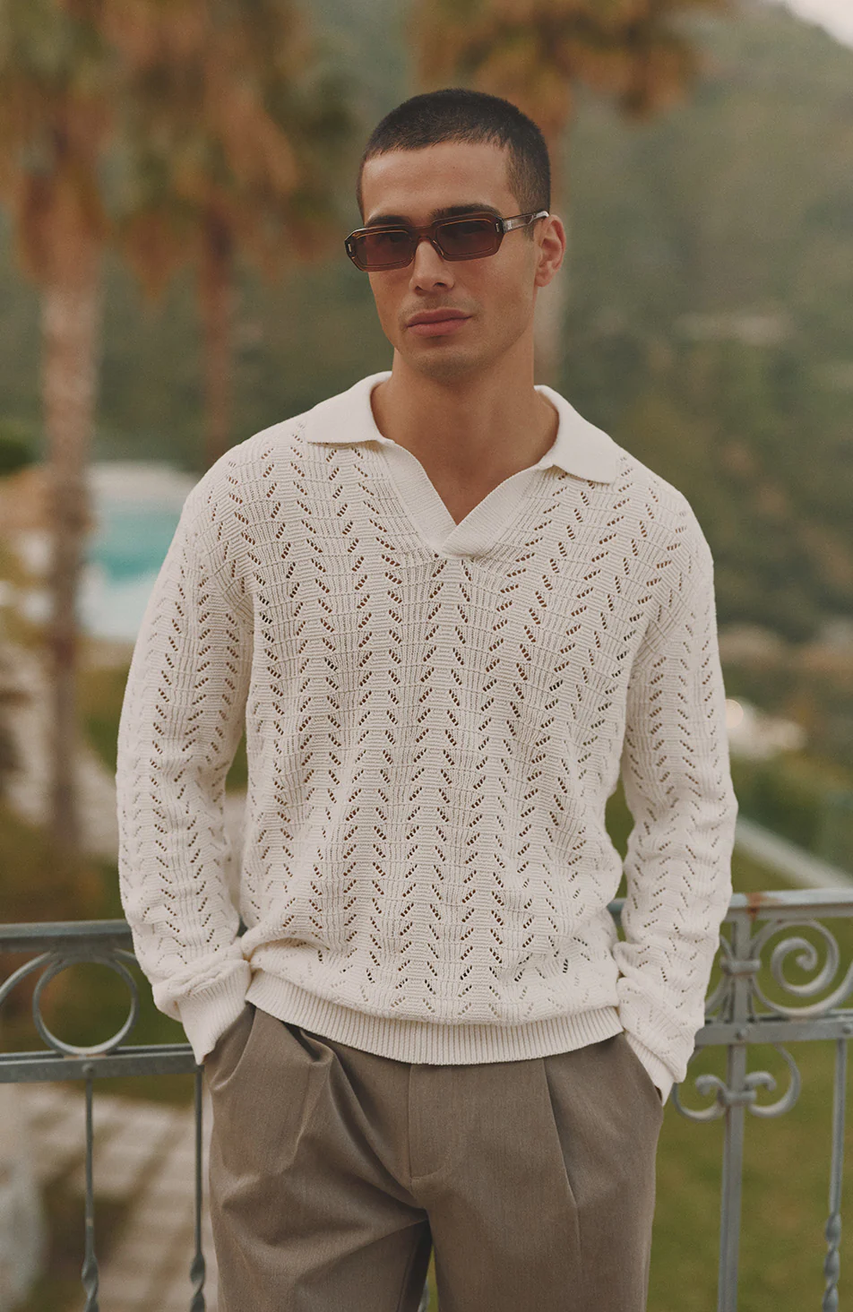 Capri Long Sleeve Pointelle Polo in Cream - Image 3