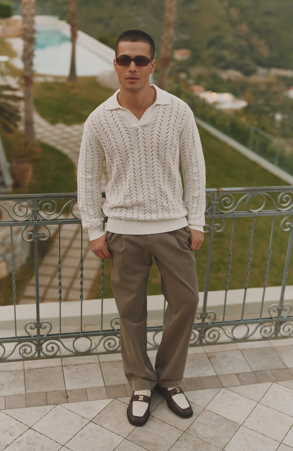 Capri Long Sleeve Pointelle Polo in Cream - Image 4
