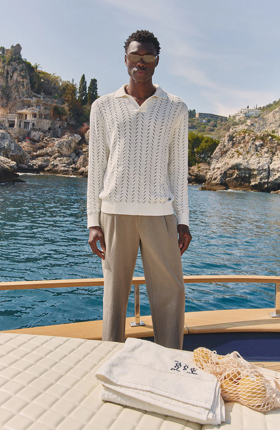 Capri Long Sleeve Pointelle Polo in Cream - Image 5
