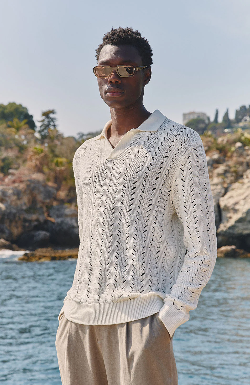 Capri Long Sleeve Pointelle Polo in Cream - Image 6