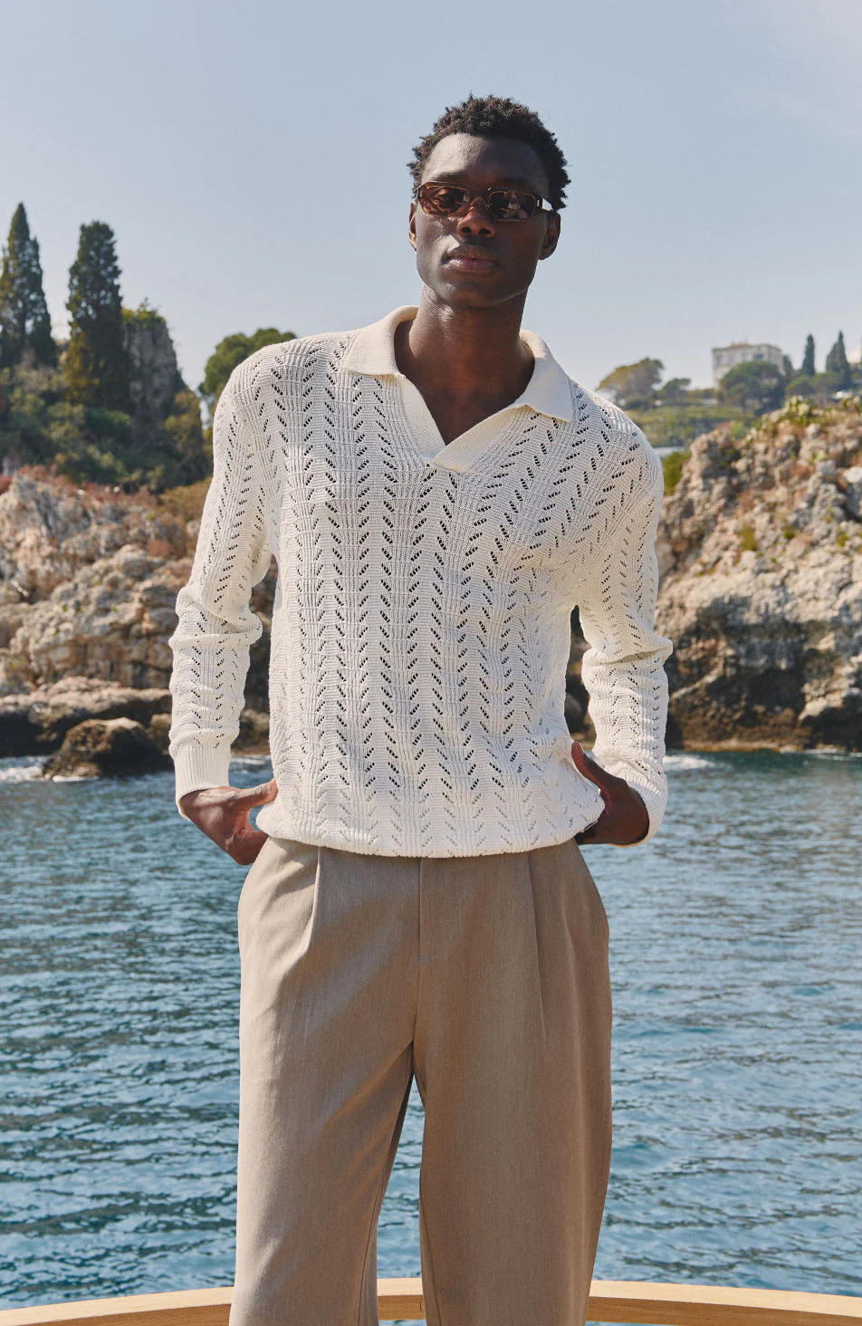 Capri Long Sleeve Pointelle Polo in Cream - Image 7