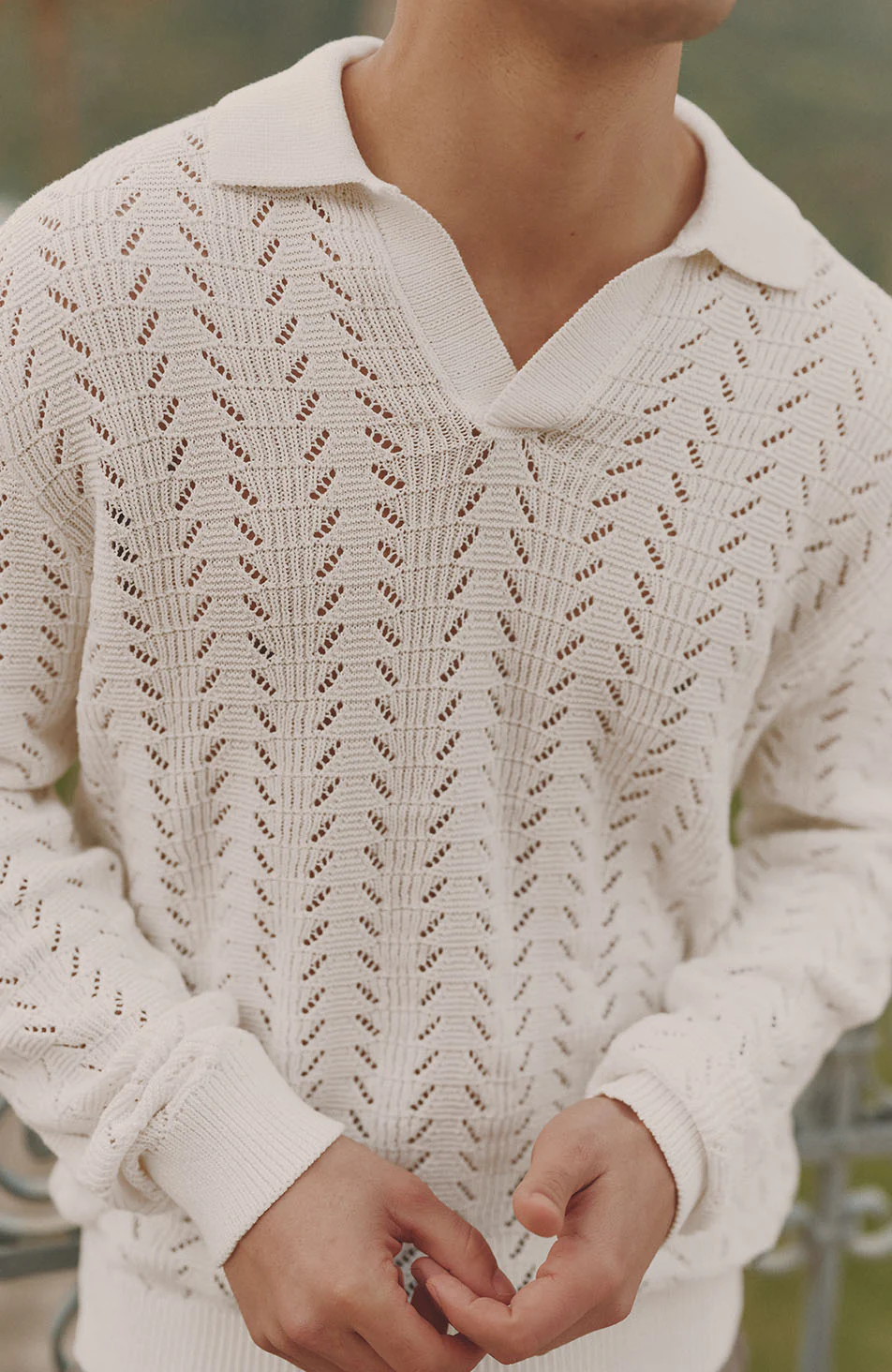Capri Long Sleeve Pointelle Polo in Cream - Image 8
