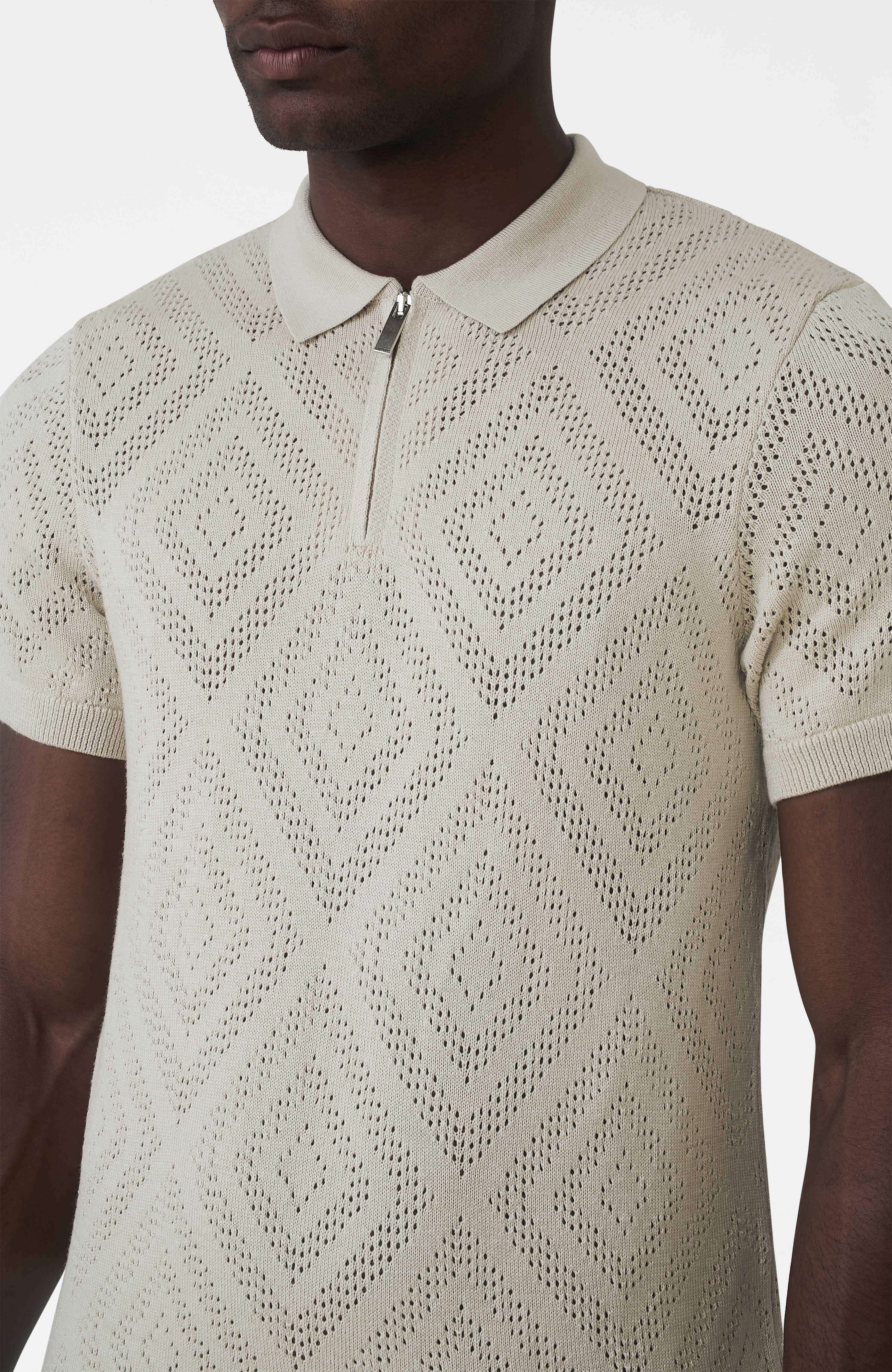 Chalbi Slim Fit Knit Pointelle Zip Polo in Beige - Image 3