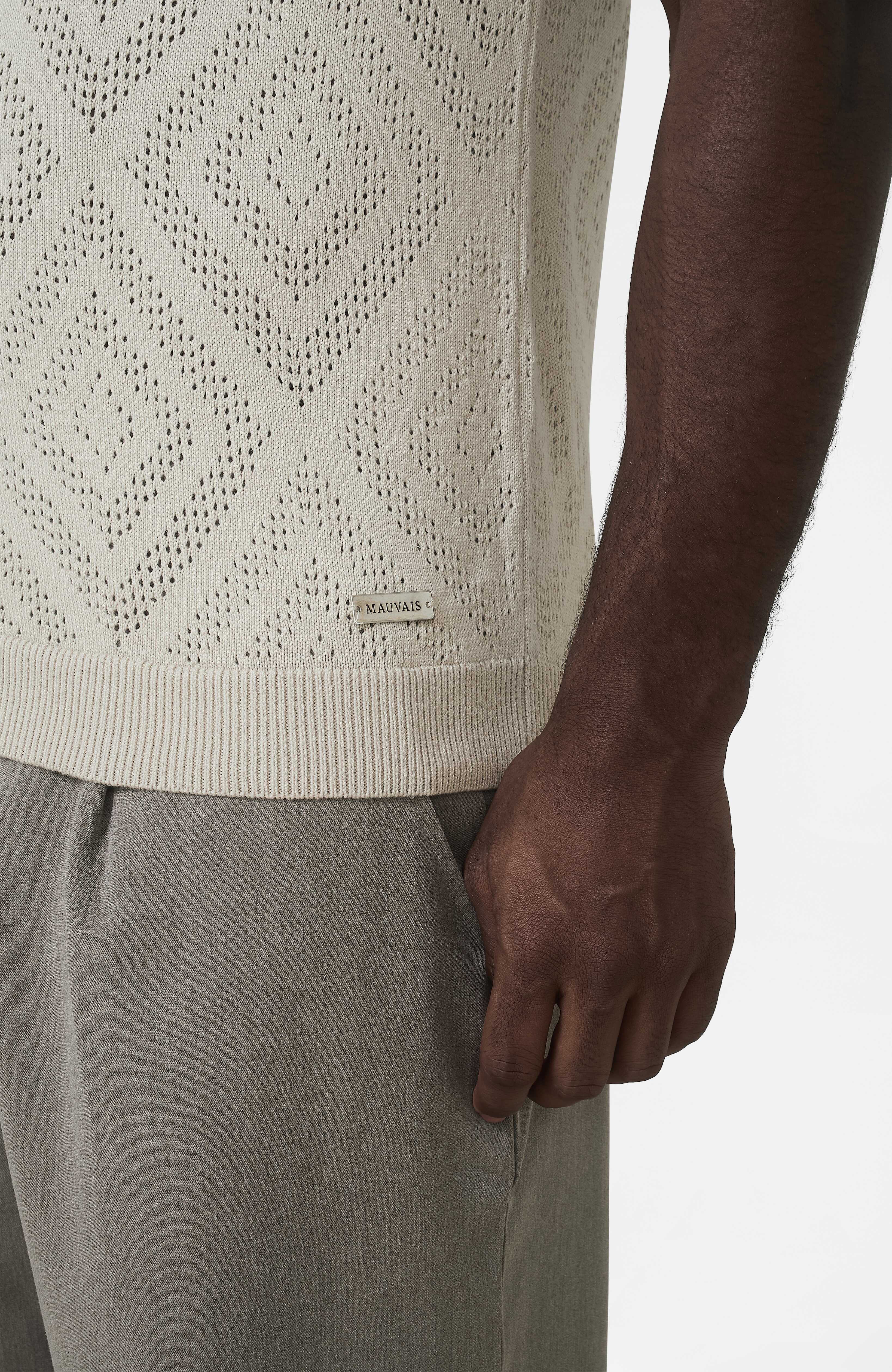 Chalbi Slim Fit Knit Pointelle Zip Polo in Beige - Image 4