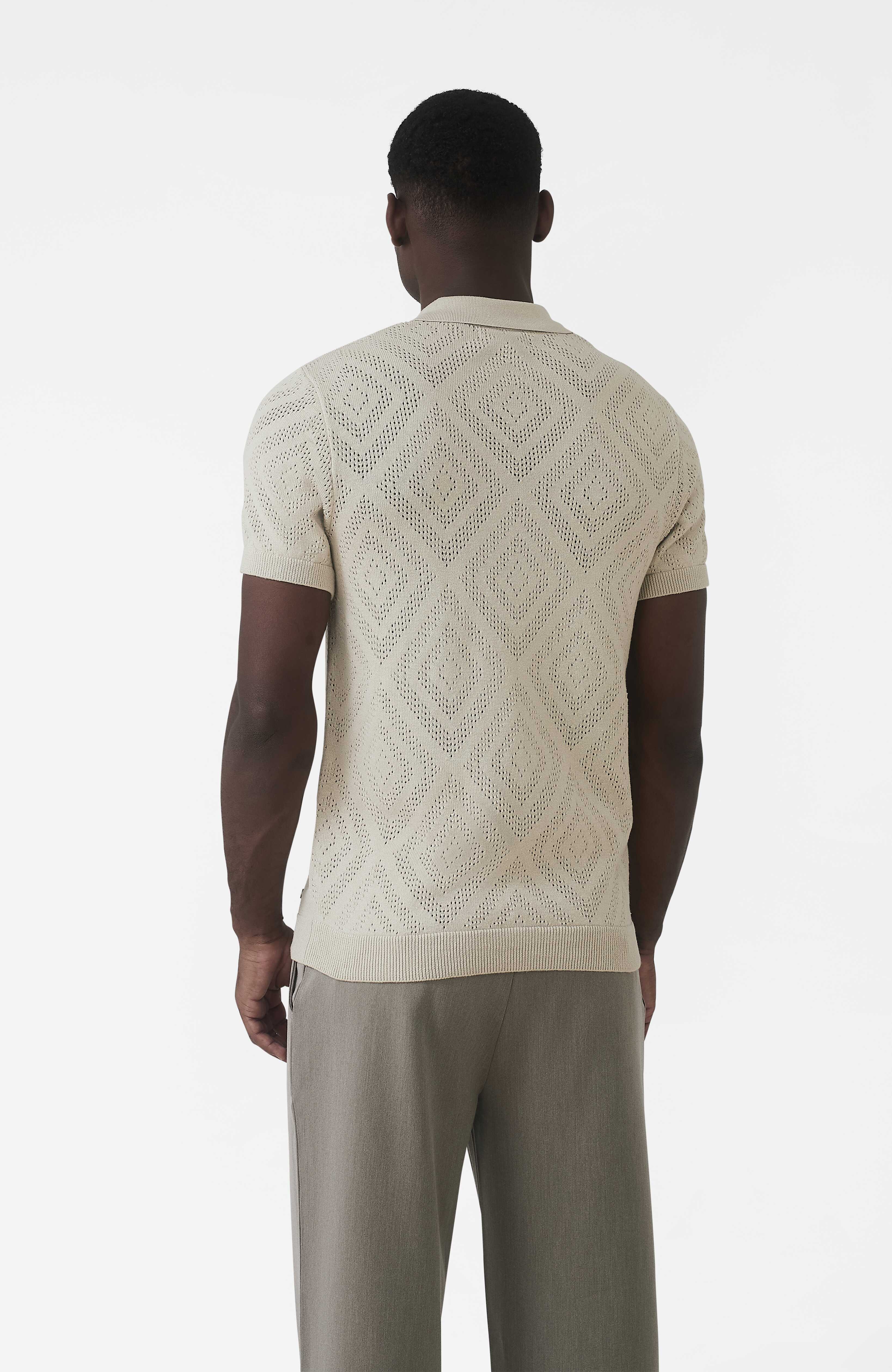 Chalbi Slim Fit Knit Pointelle Zip Polo in Beige - Image 5