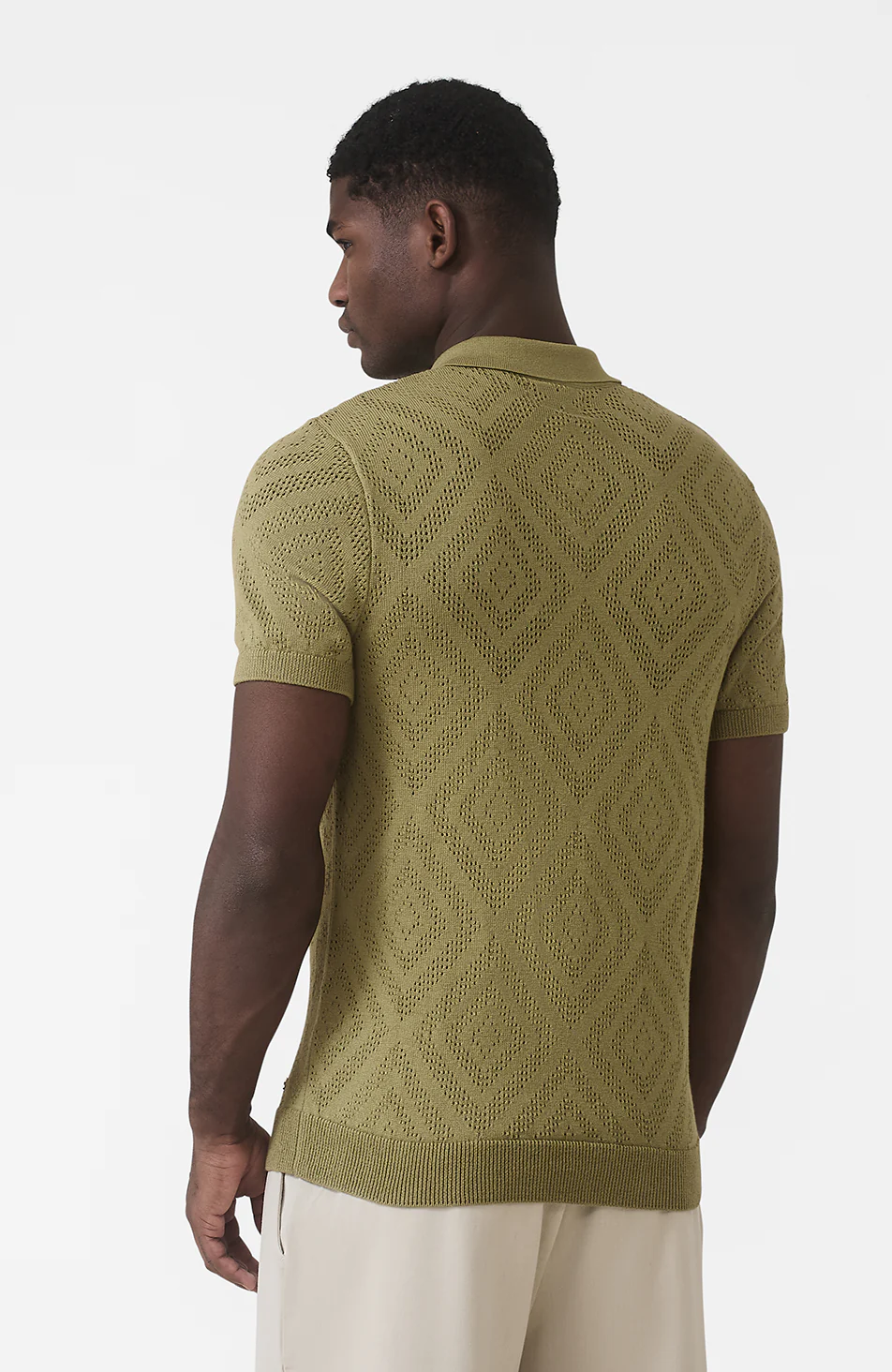 Chalbi Slim Fit Knit Pointelle Zip Polo in Green - Image 3