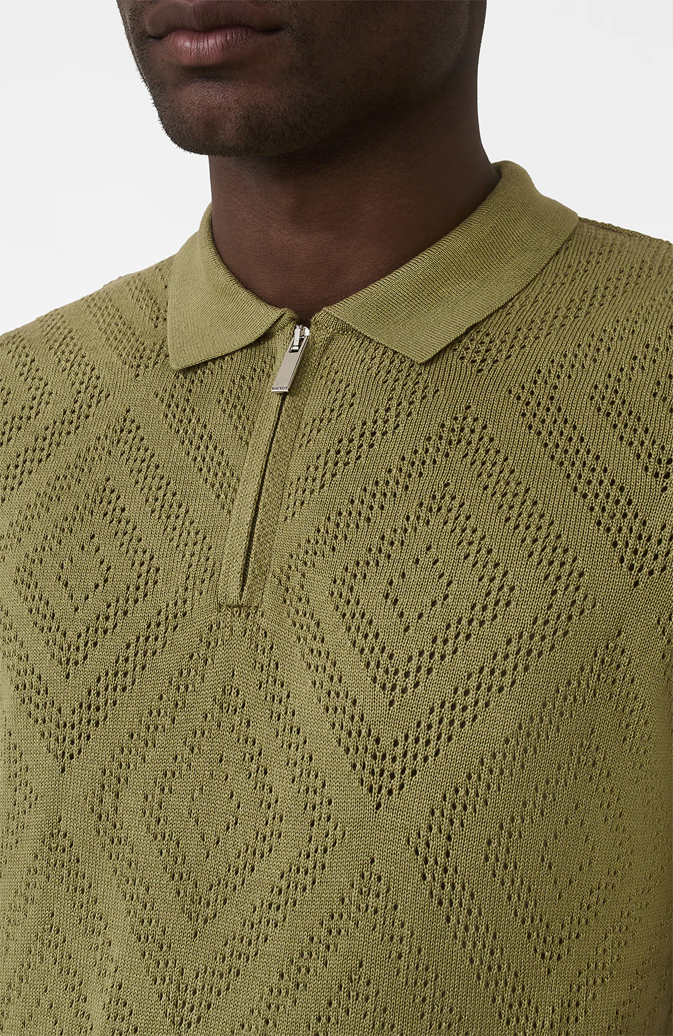 Chalbi Slim Fit Knit Pointelle Zip Polo in Green - Image 4