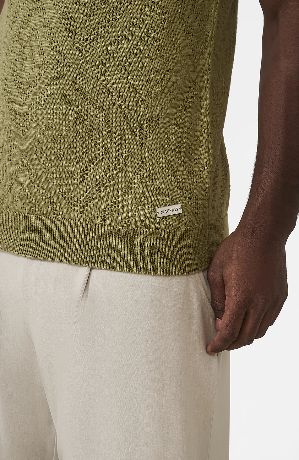 Chalbi Slim Fit Knit Pointelle Zip Polo in Green - Image 5