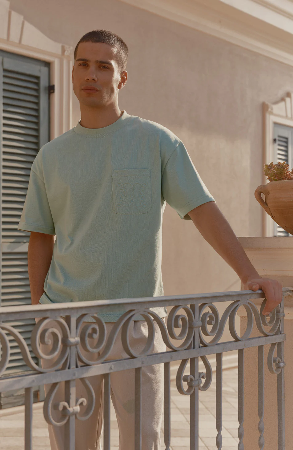 Embossed Monogram Pocket T-Shirt in Sage - Image 4