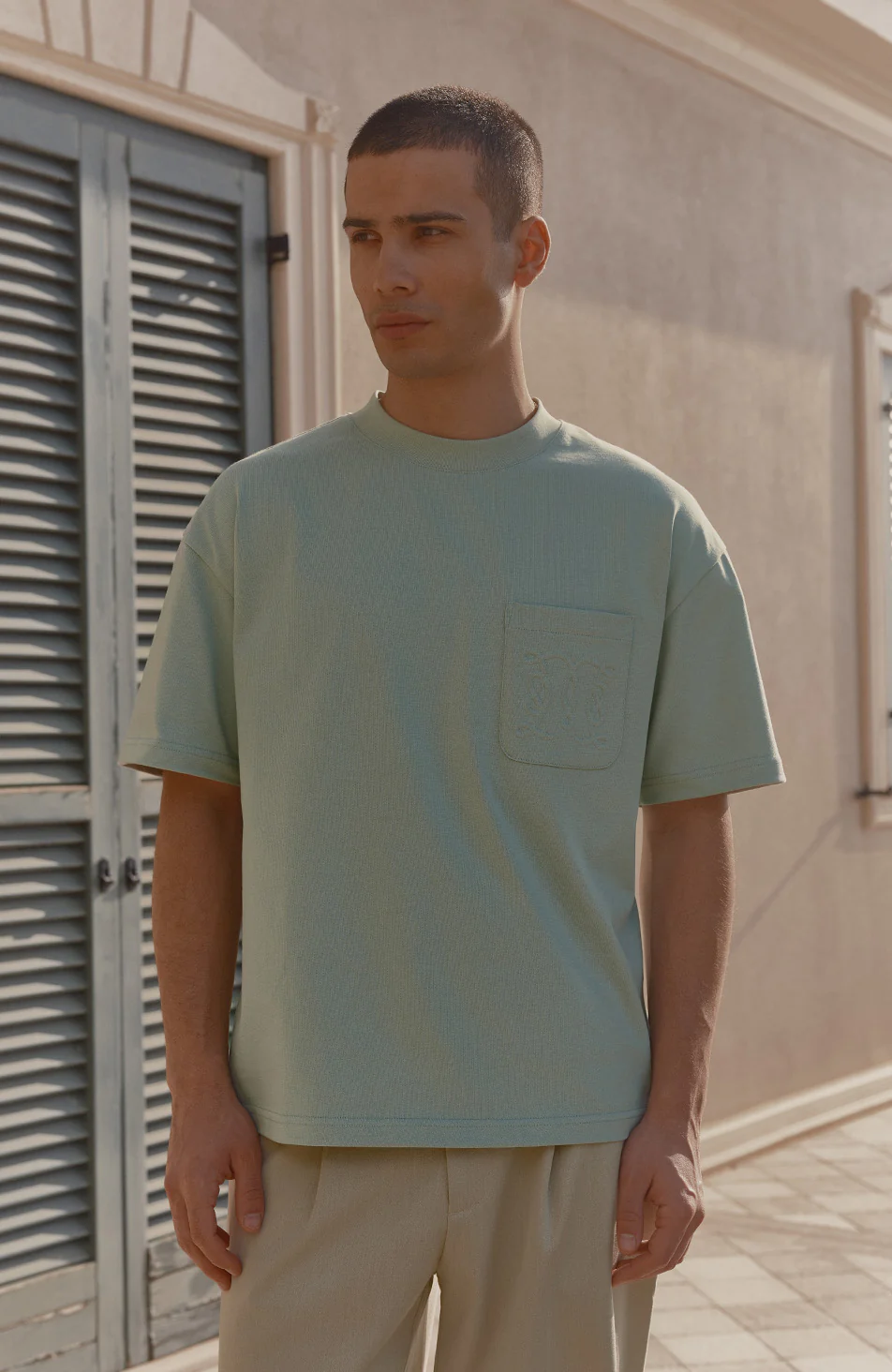 Embossed Monogram Pocket T-Shirt in Sage - Image 5