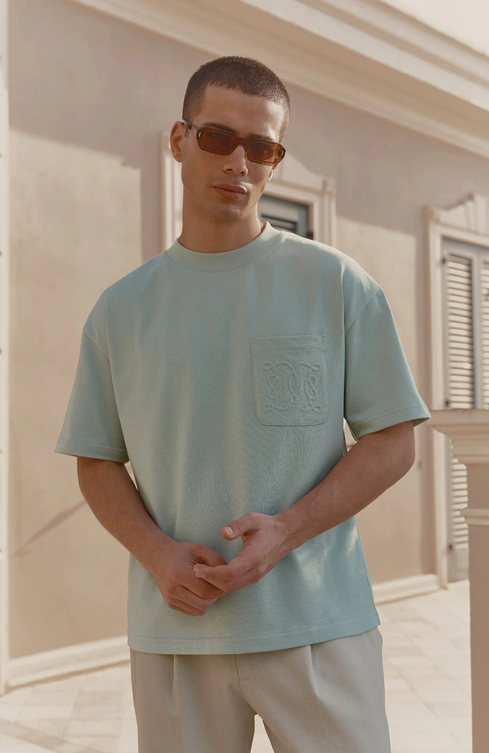 Embossed Monogram Pocket T-Shirt in Sage - Image 6
