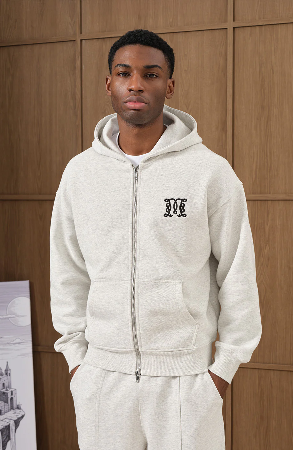 Embroidered Monogram Zip Through Hoodie in Grey Marl - Image 6