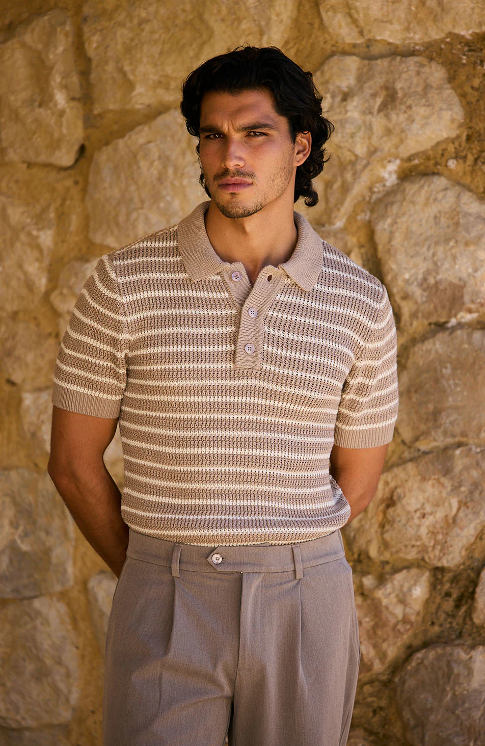 Fontelina Button Placket Knit Stripe Polo in Beige - Image 4