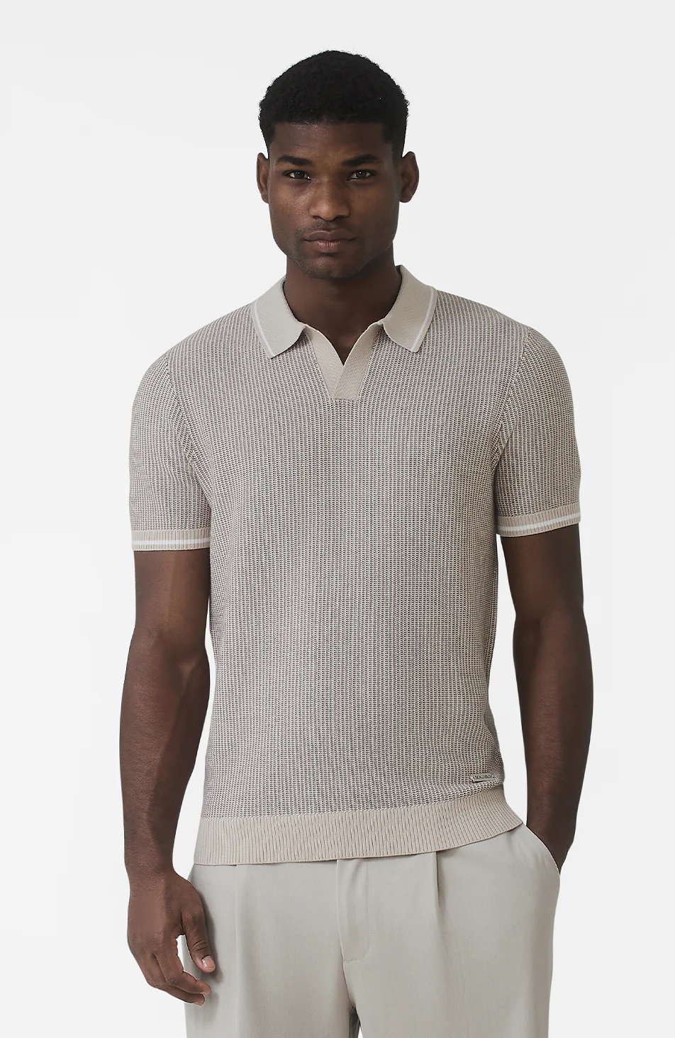 Giordini Tipped Birdseye Knit Polo in Beige - Image 2