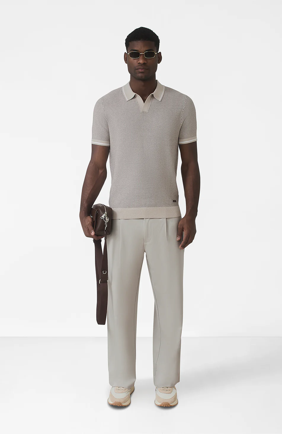 Giordini Tipped Birdseye Knit Polo in Beige - Image 3