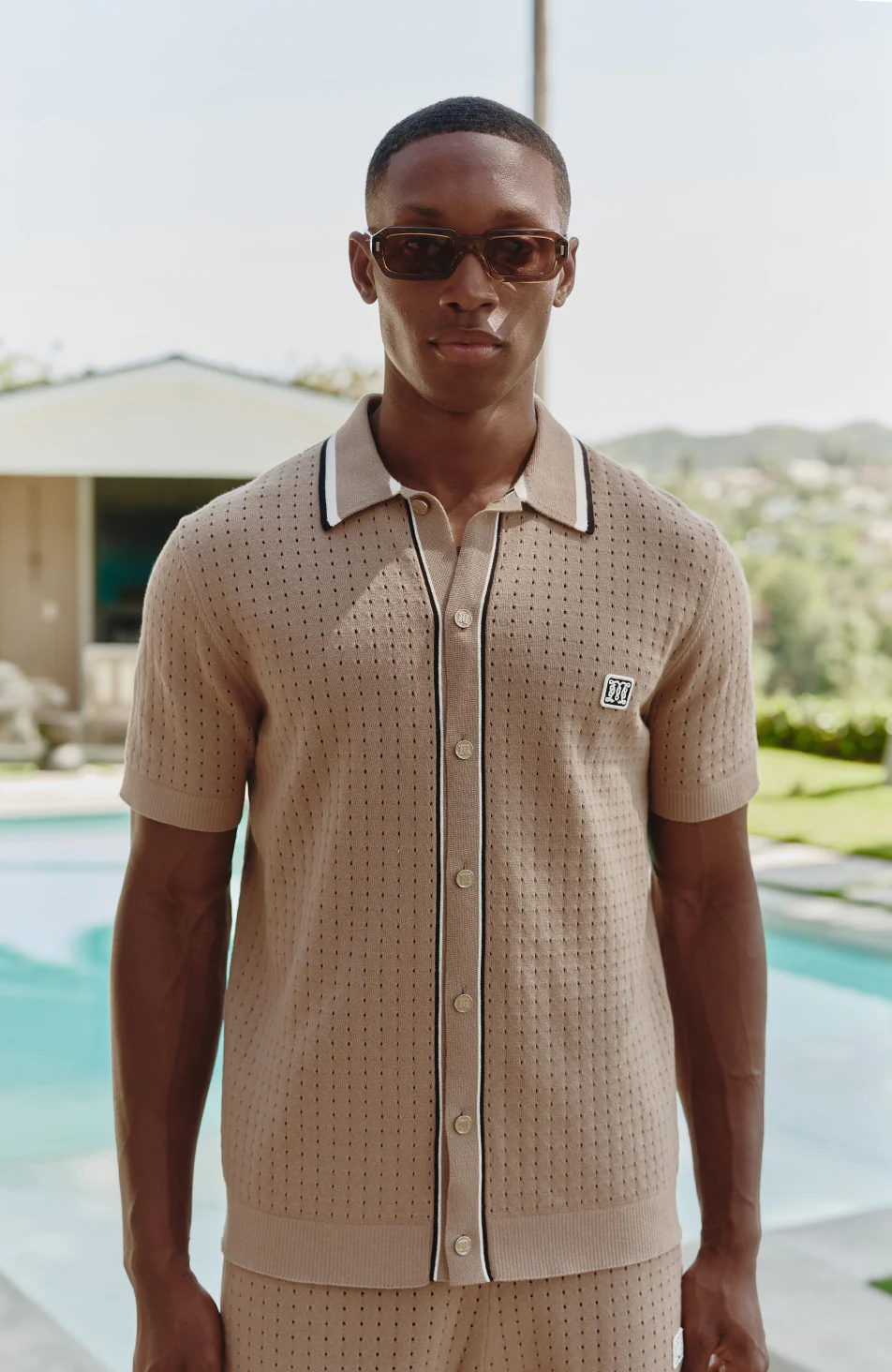 Marmont Pointelle Knitted Short Sleeve Shirt in Taupe