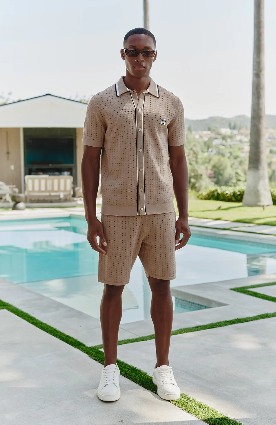 Marmont Pointelle Knitted Short Sleeve Shirt in Taupe - Image 2