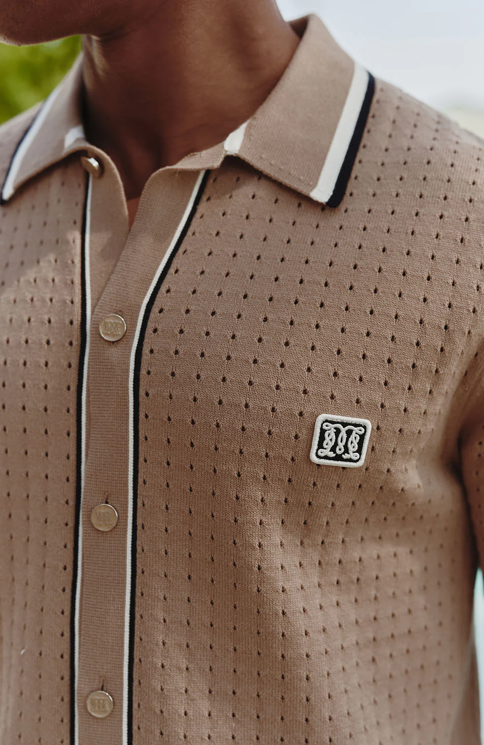 Marmont Pointelle Knitted Short Sleeve Shirt in Taupe - Image 3