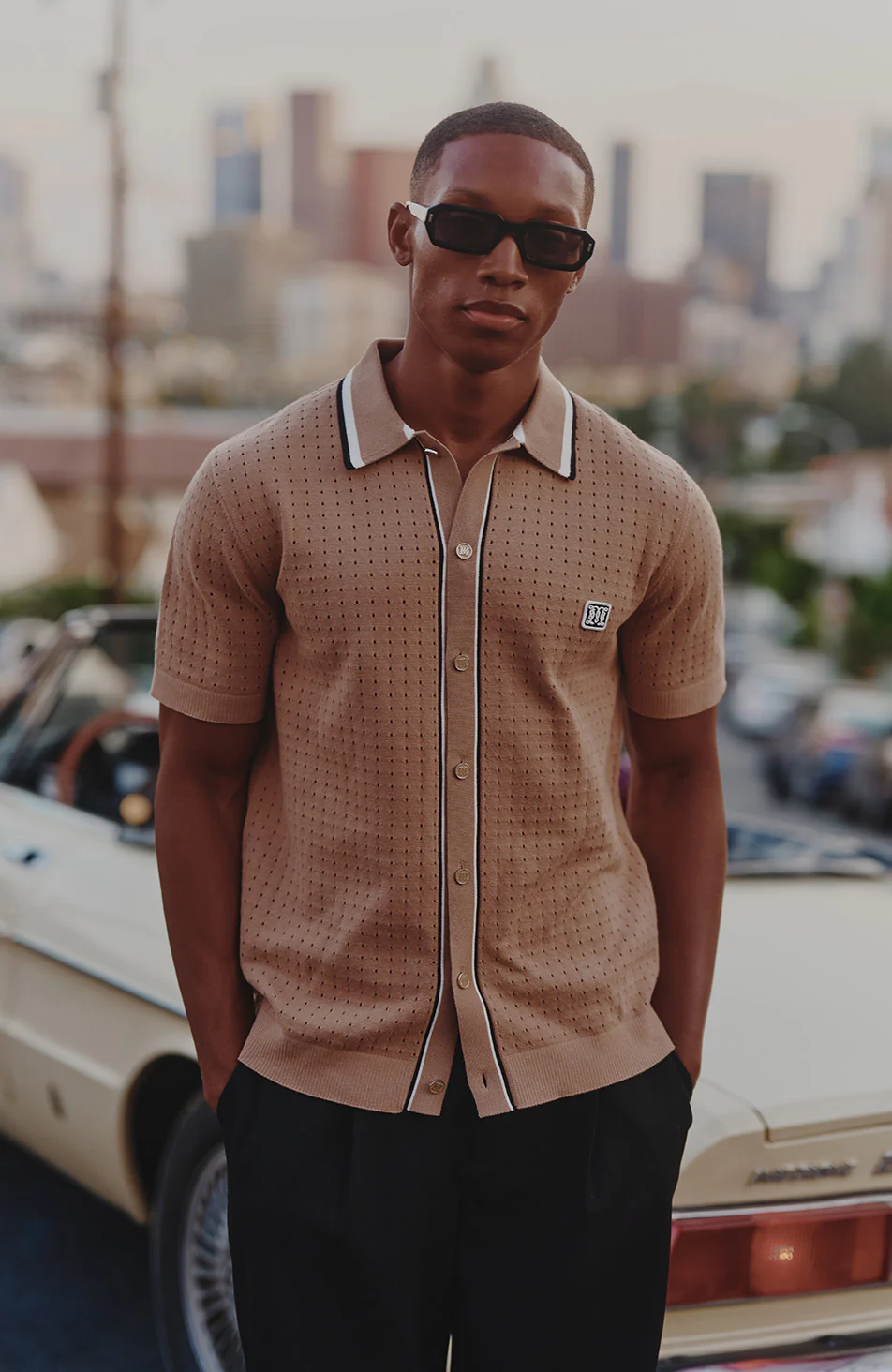 Marmont Pointelle Knitted Short Sleeve Shirt in Taupe - Image 4