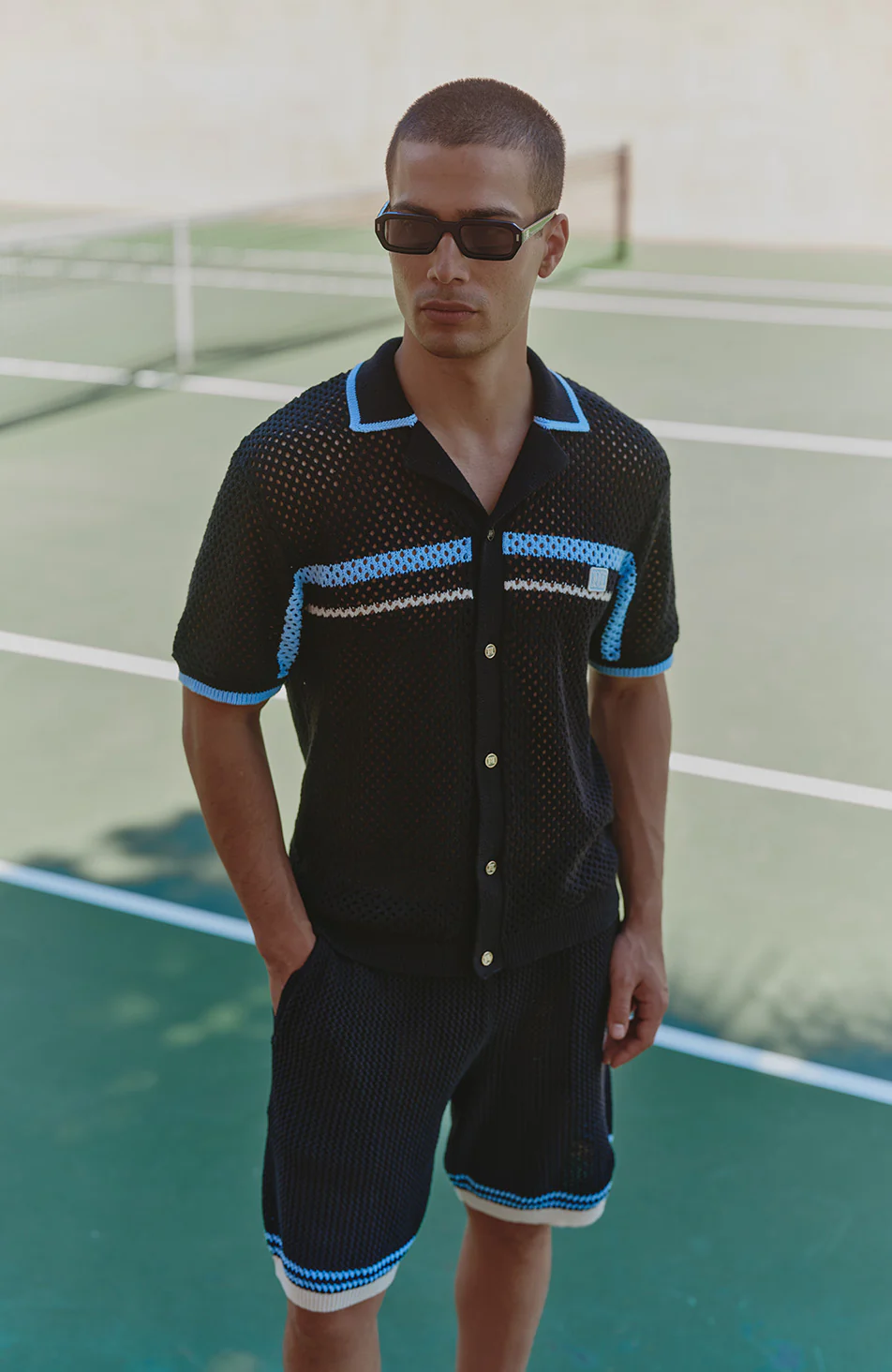 Malibu Cotton Short Sleeve Crochet Shirt in Black - Image 3