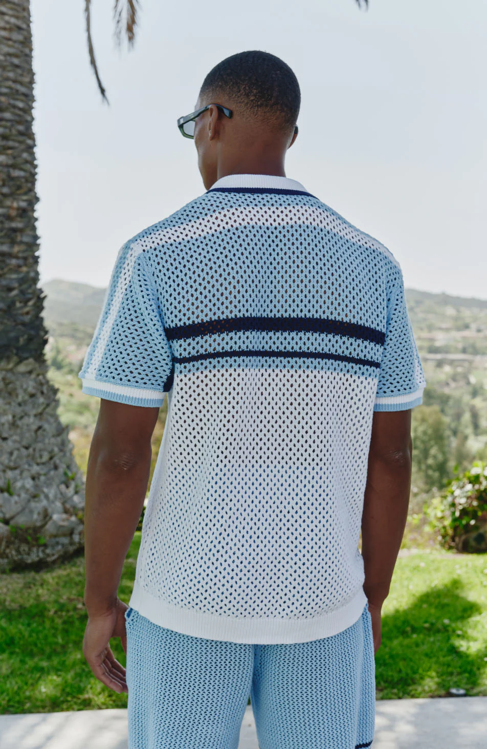 Malibu Cotton Short Sleeve Crochet Shirt in Blue and White - Image 3