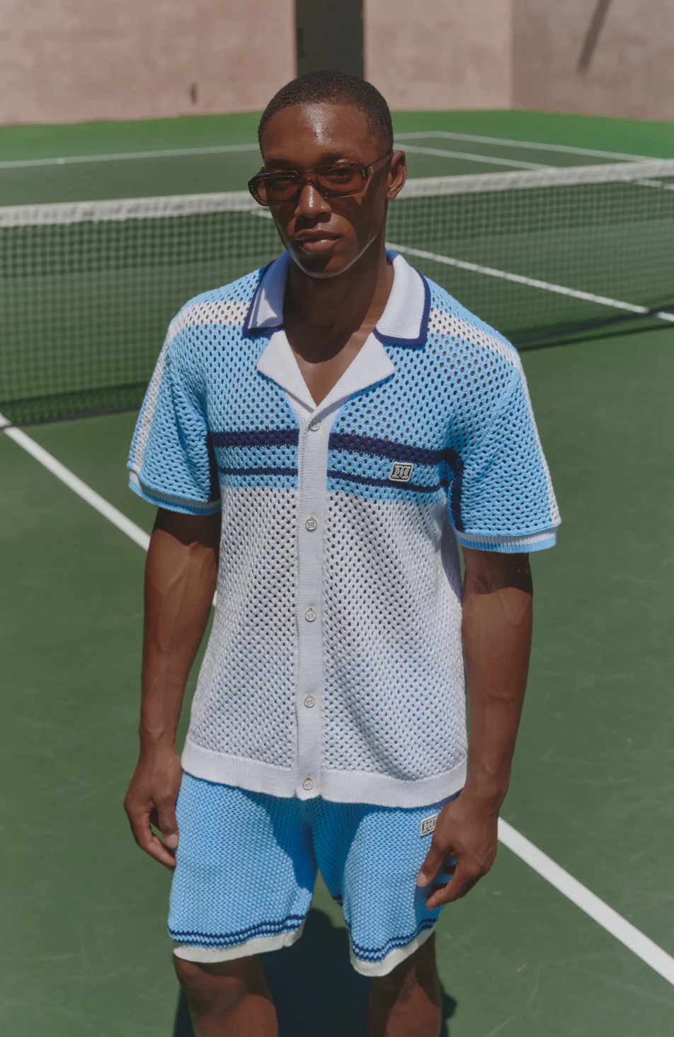 Malibu Cotton Short Sleeve Crochet Shirt in Blue and White - Image 4