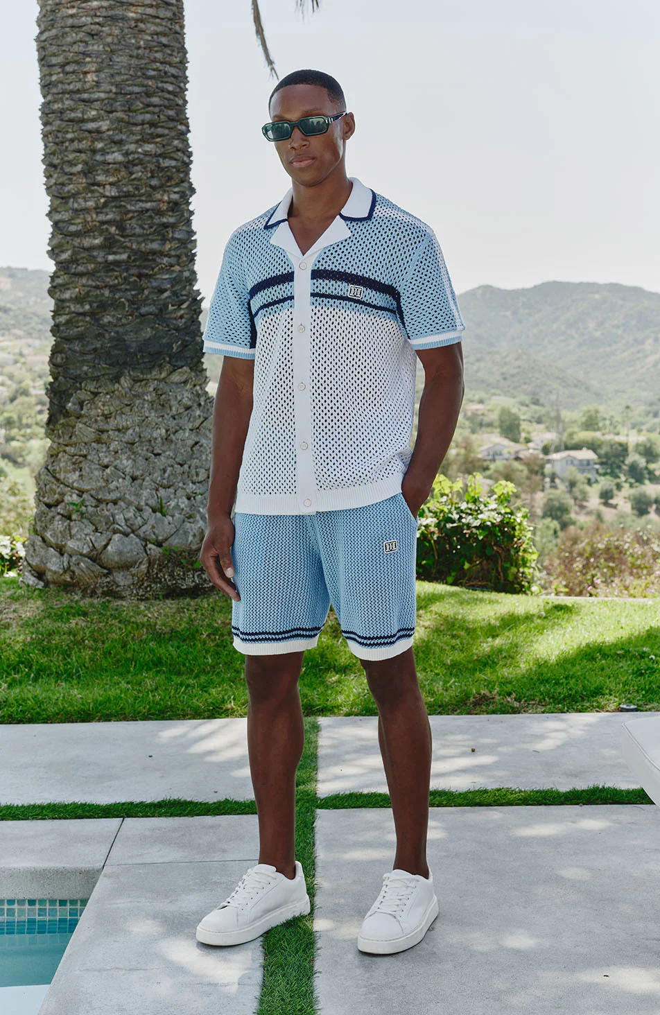 Malibu Cotton Short Sleeve Crochet Shirt in Blue and White - Image 7