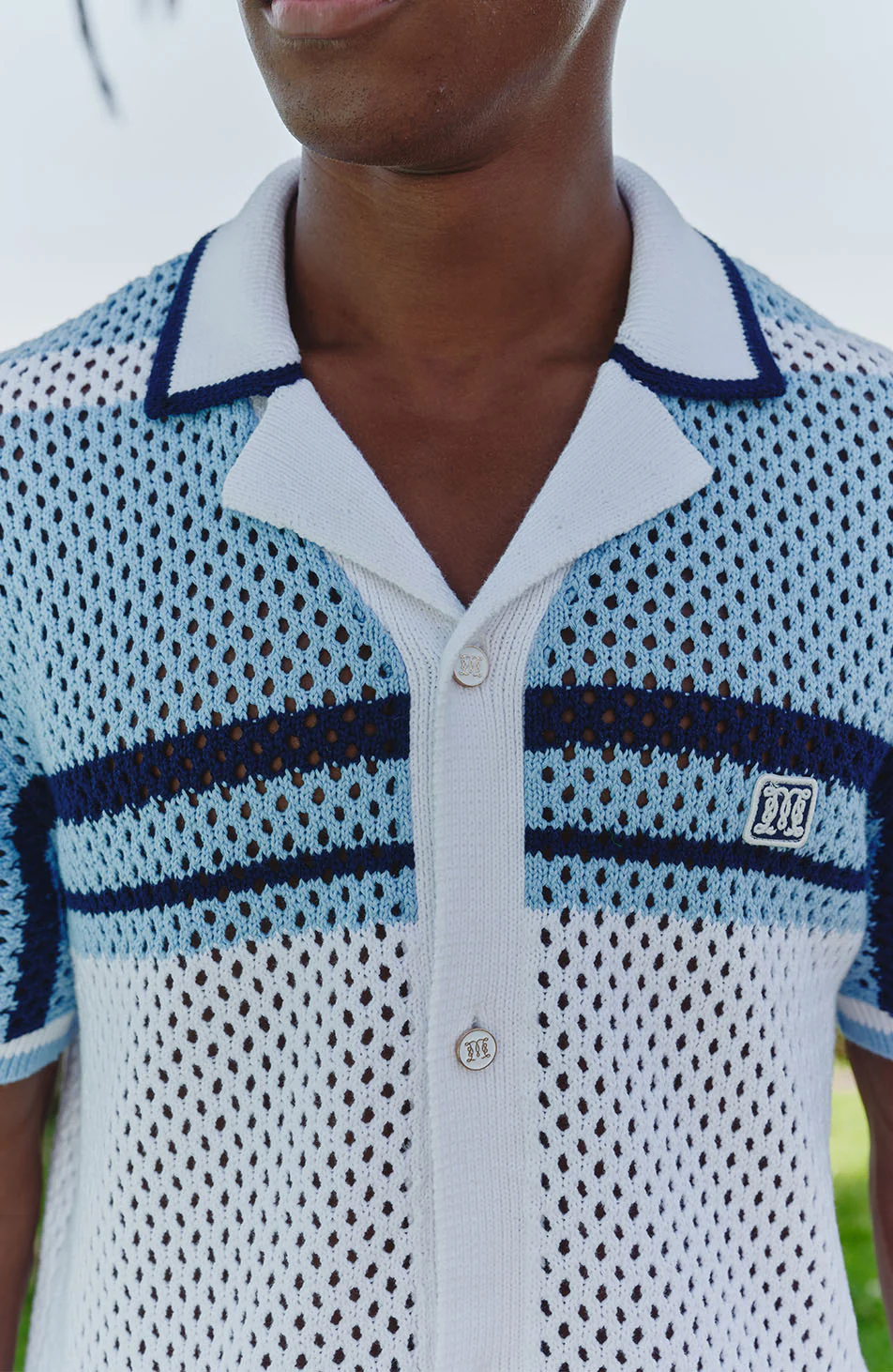 Malibu Cotton Short Sleeve Crochet Shirt in Blue and White - Image 8