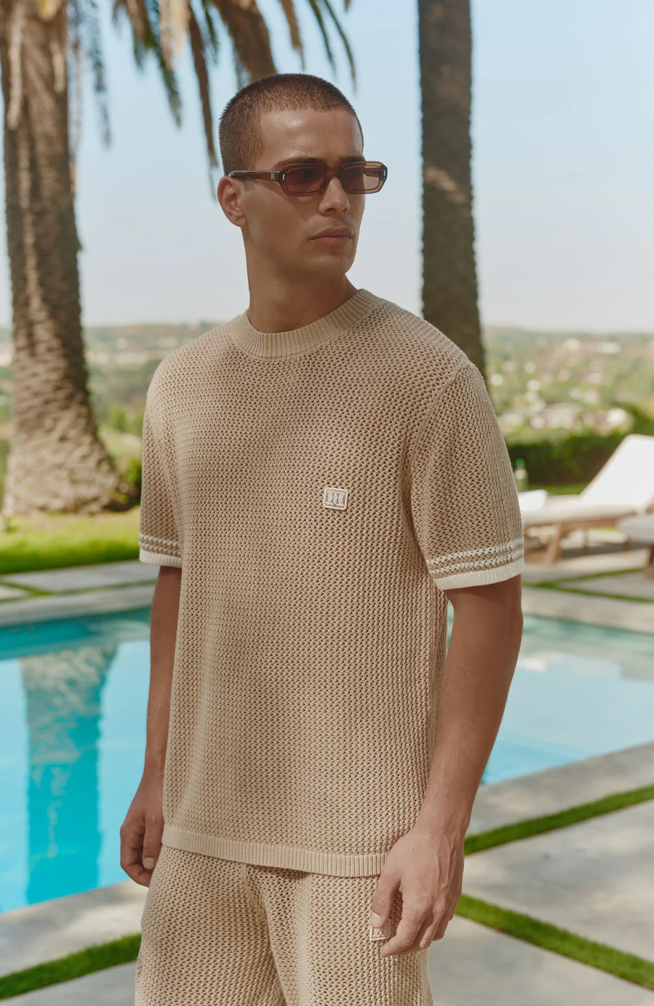 Malibu Cotton Short Sleeve Crochet T-shirt in Beige