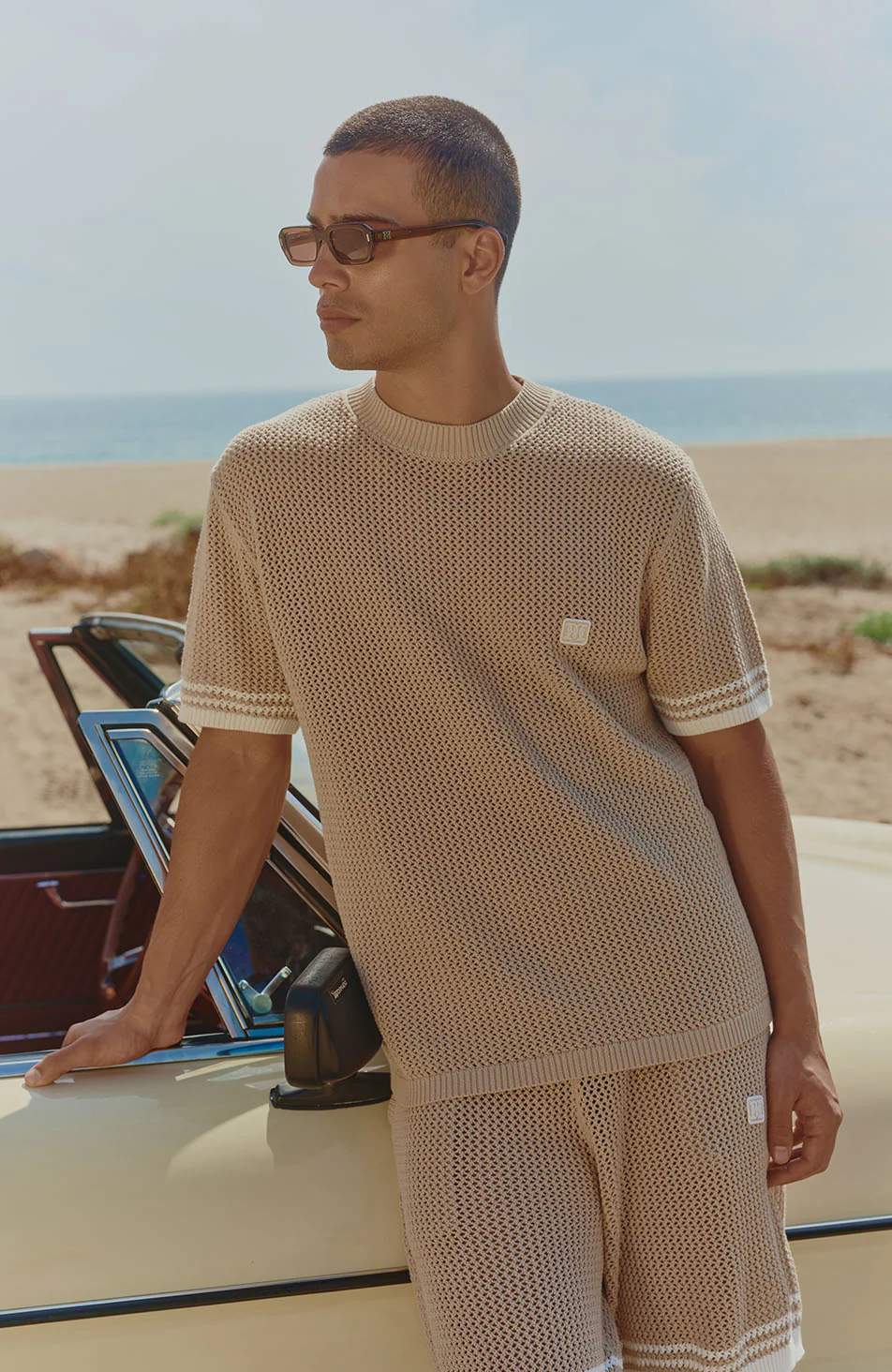 Malibu Cotton Short Sleeve Crochet T-shirt in Beige - Image 2