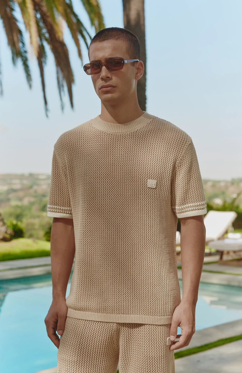 Malibu Cotton Short Sleeve Crochet T-shirt in Beige - Image 3