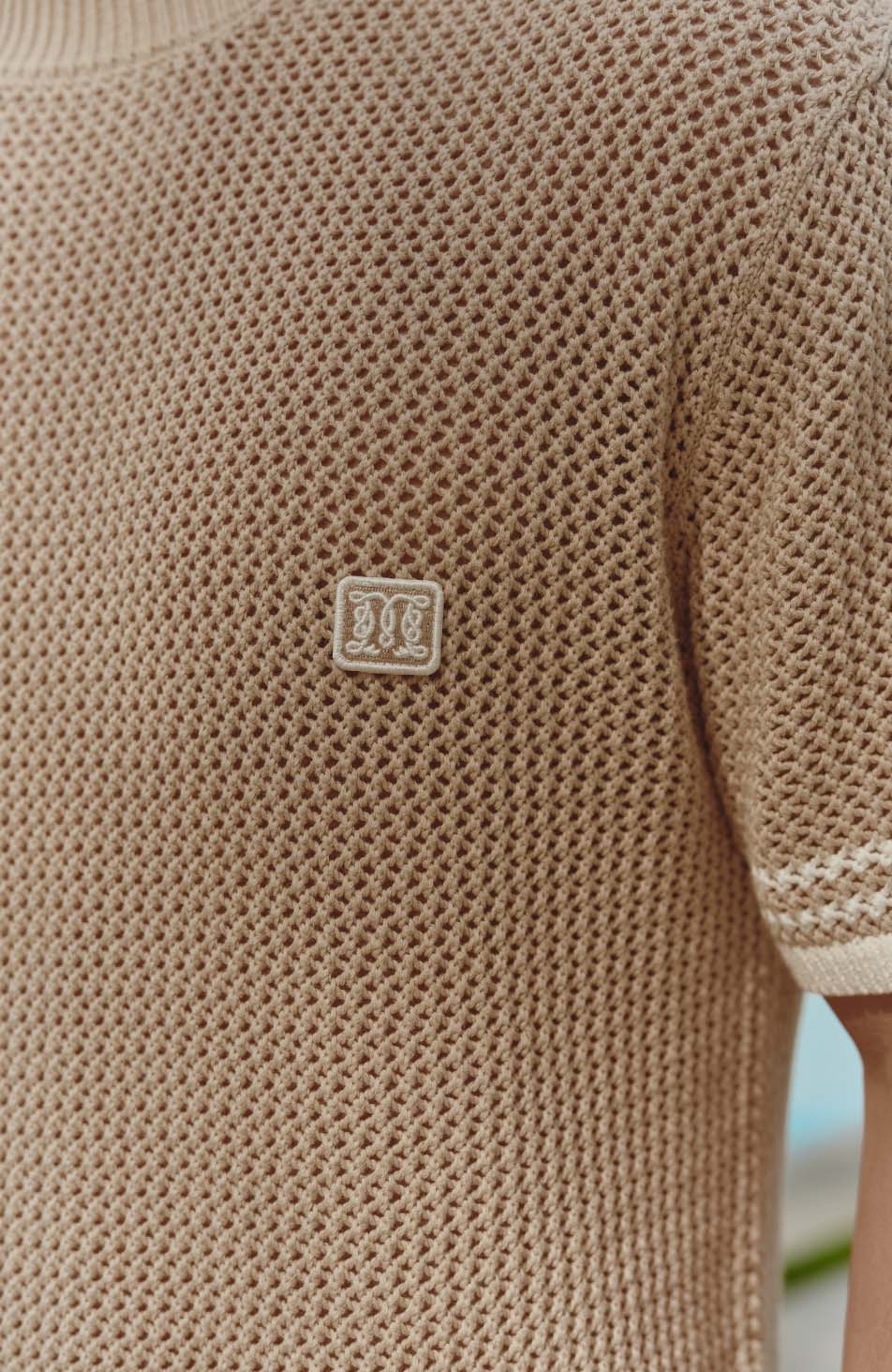 Malibu Cotton Short Sleeve Crochet T-shirt in Beige - Image 5