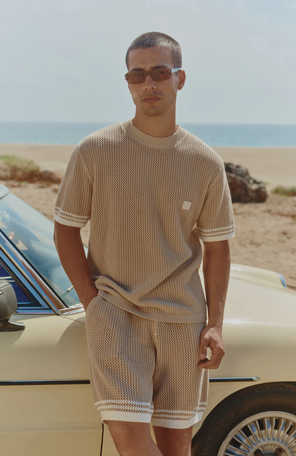 Malibu Cotton Short Sleeve Crochet T-shirt in Beige - Image 6