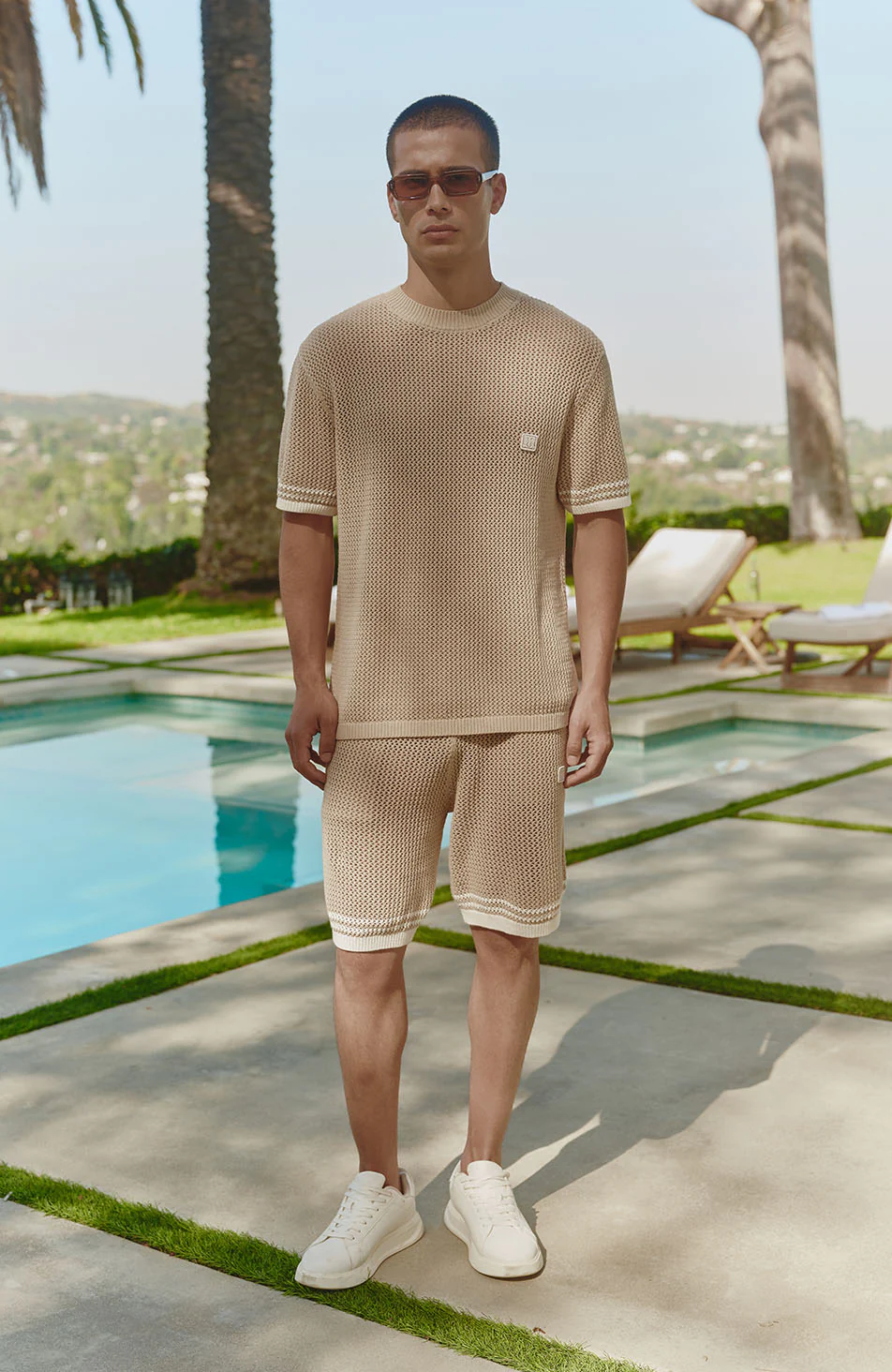 Malibu Cotton Short Sleeve Crochet T-shirt in Beige - Image 7