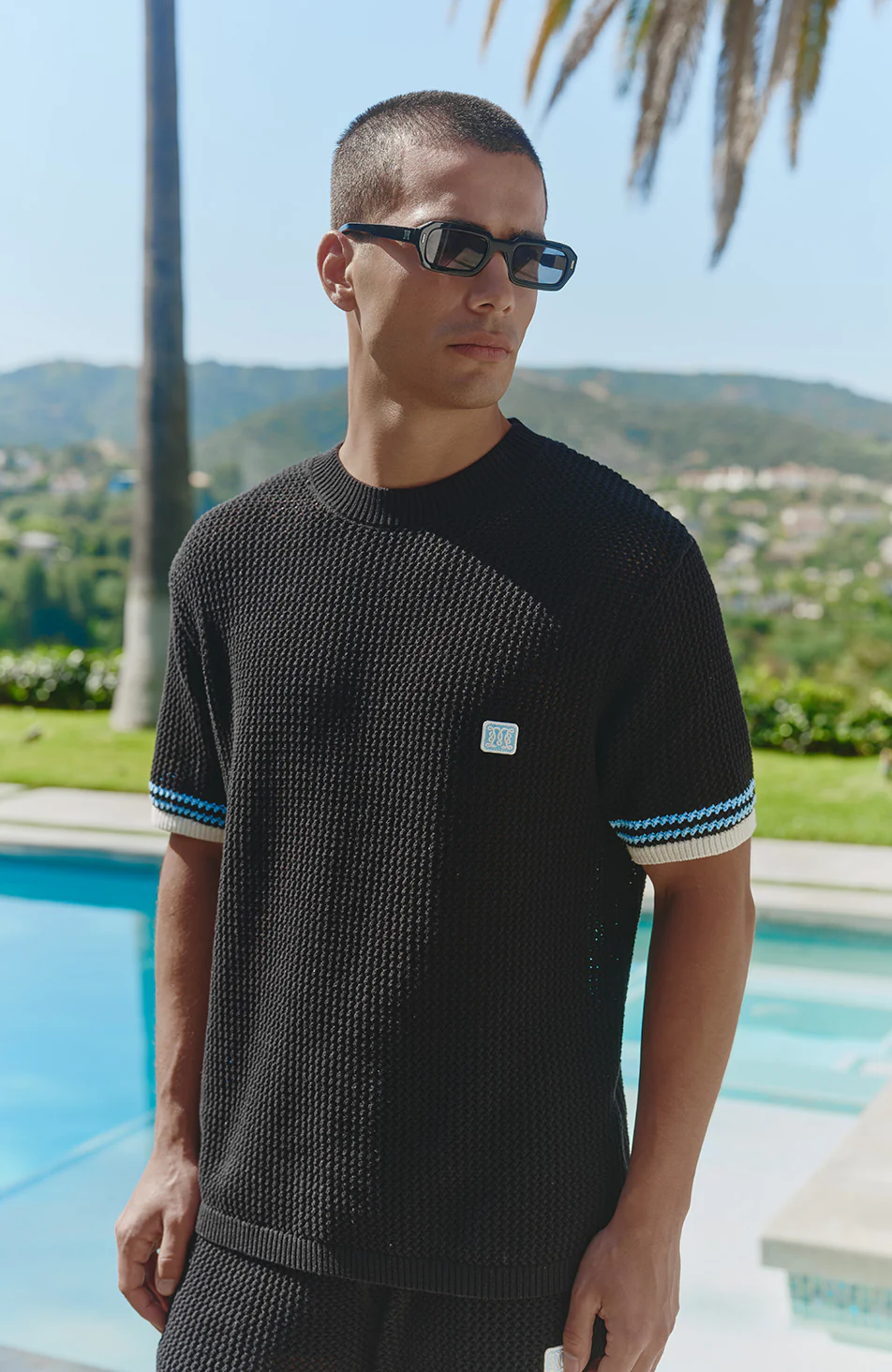 Malibu Cotton Short Sleeve Crochet T-shirt in Black