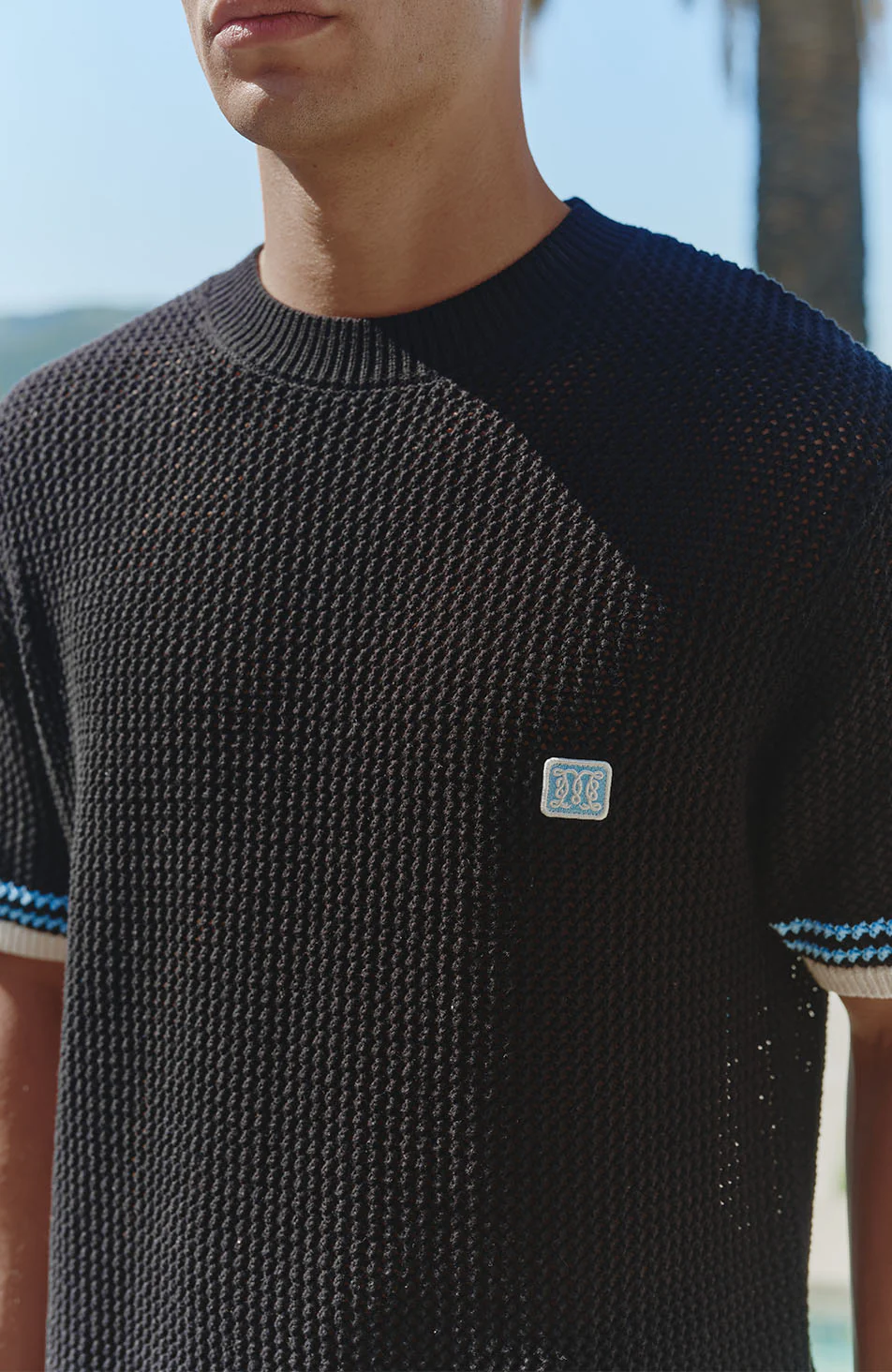 Malibu Cotton Short Sleeve Crochet T-shirt in Black - Image 3