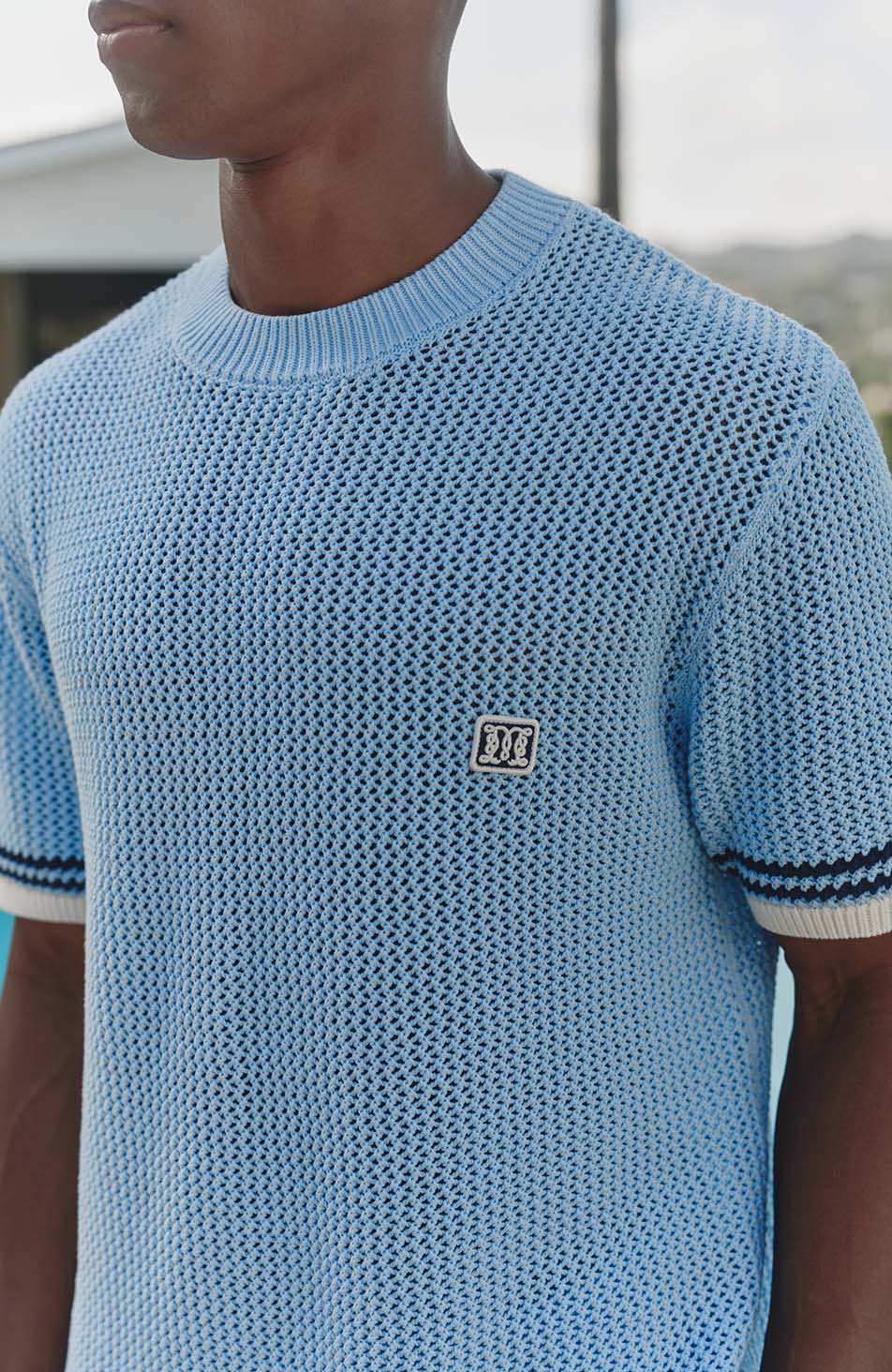 Malibu Cotton Short Sleeve Crochet T-shirt in Blue - Image 2