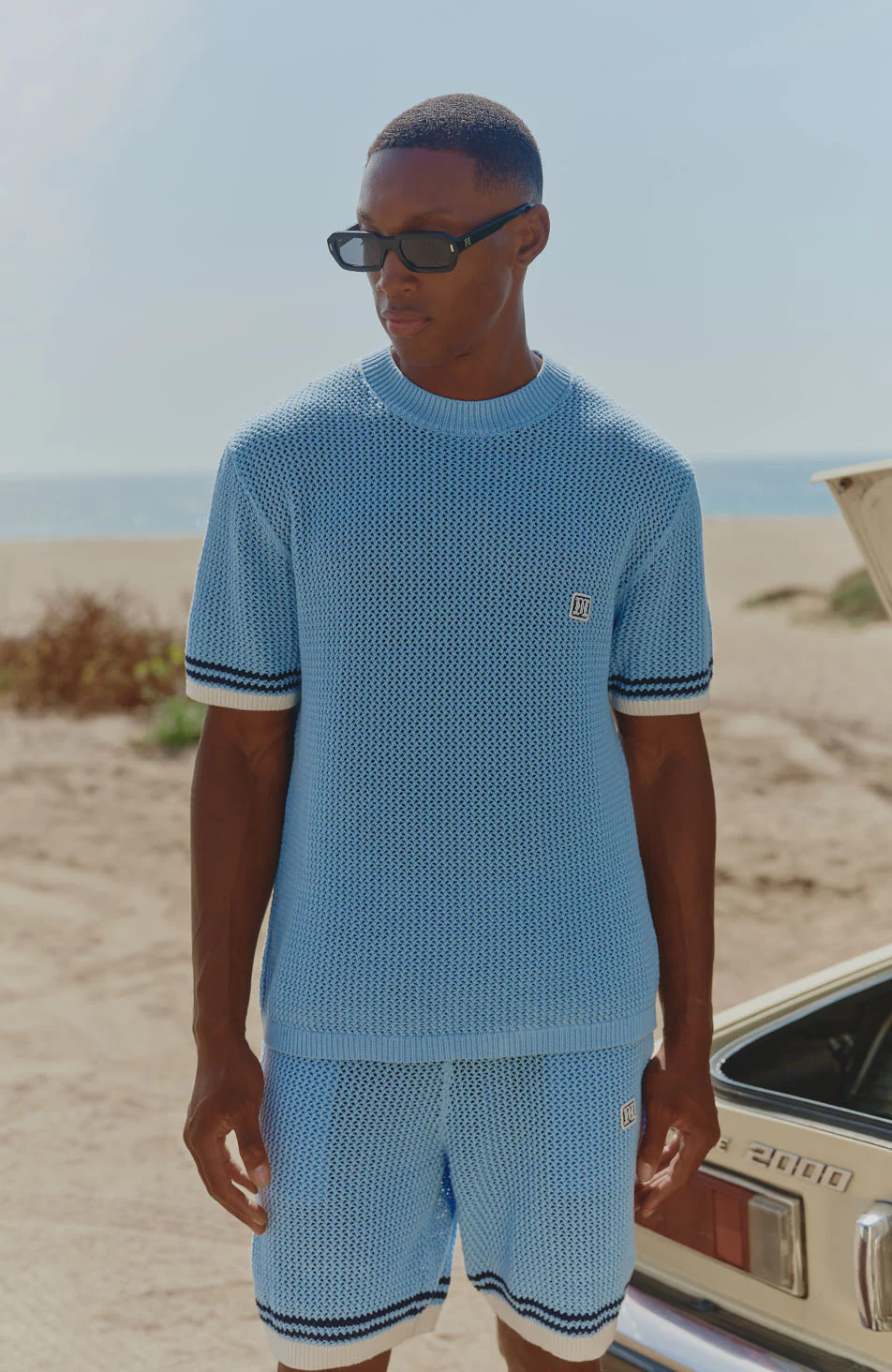Malibu Cotton Short Sleeve Crochet T-shirt in Blue - Image 3