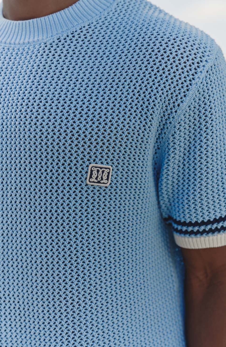 Malibu Cotton Short Sleeve Crochet T-shirt in Blue - Image 4