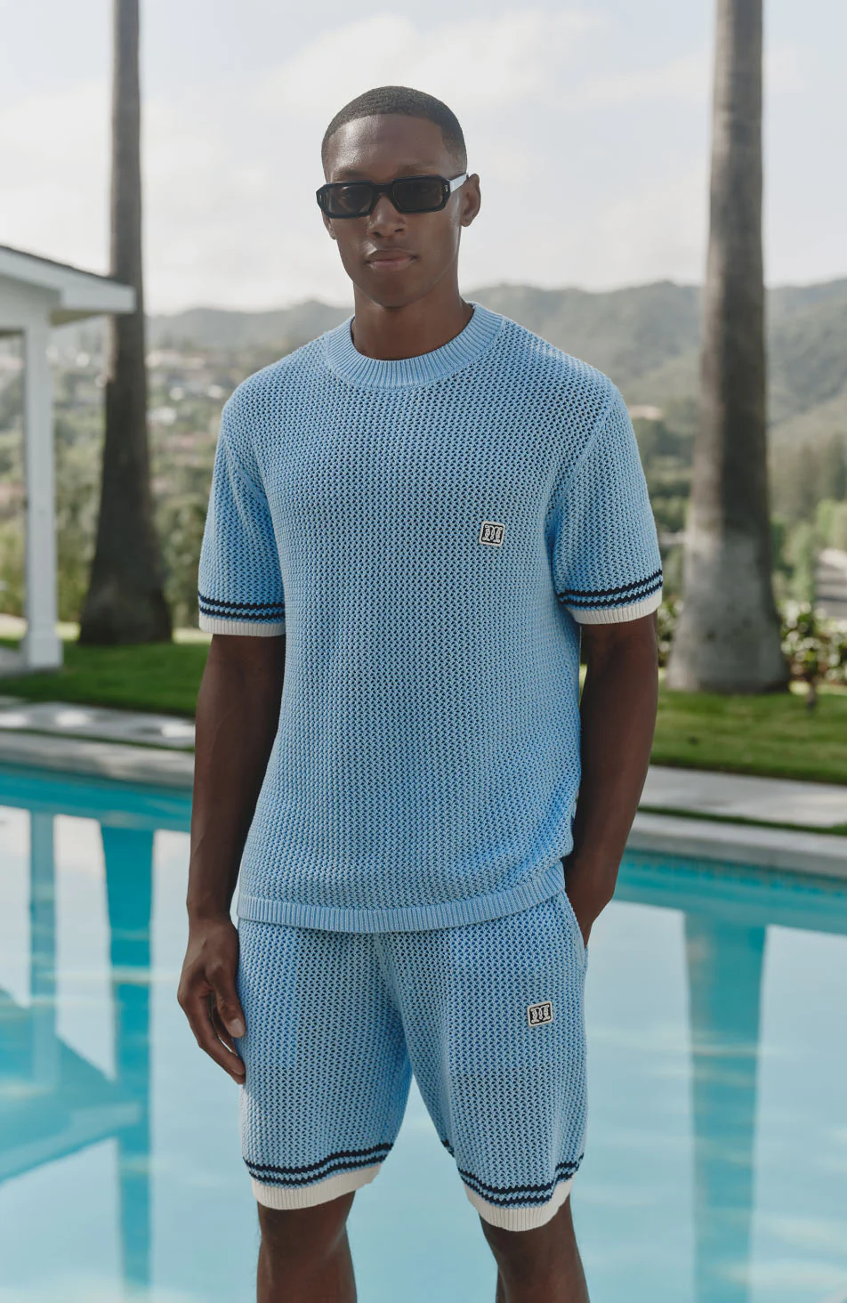 Malibu Cotton Short Sleeve Crochet T-shirt in Blue - Image 5