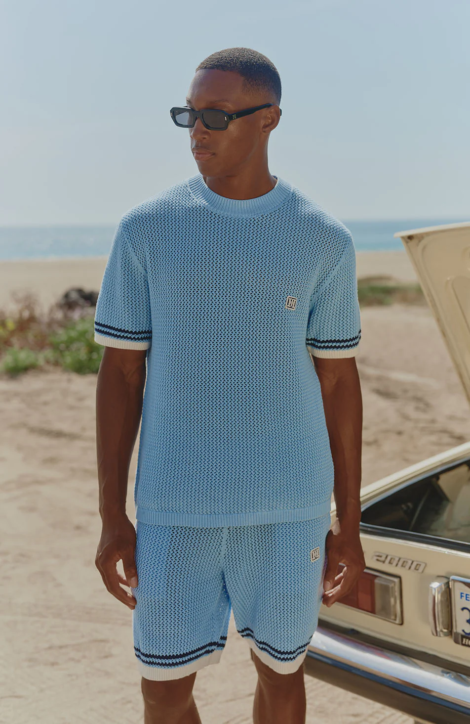 Malibu Cotton Short Sleeve Crochet T-shirt in Blue - Image 6